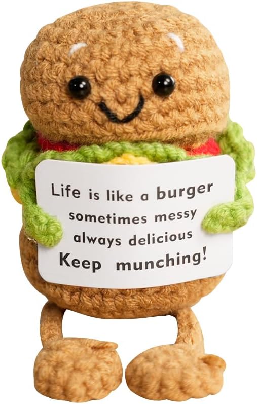 Cute Positive Burger Crochet Plush – Funny Encouragement Burger Decor, Small Handmade Crochet Gift for Friends, Coworkers & Teachers
