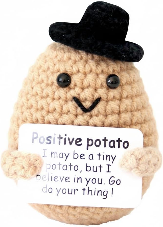 Mini Positive Cute Funny Life Potato Knitted Holding Card Creative Cute Crochet Decpr Cheer Up Valentine Gifts for Lovers, Emotional Support Gift for Friends, Family, Collegues,Co-Workers
