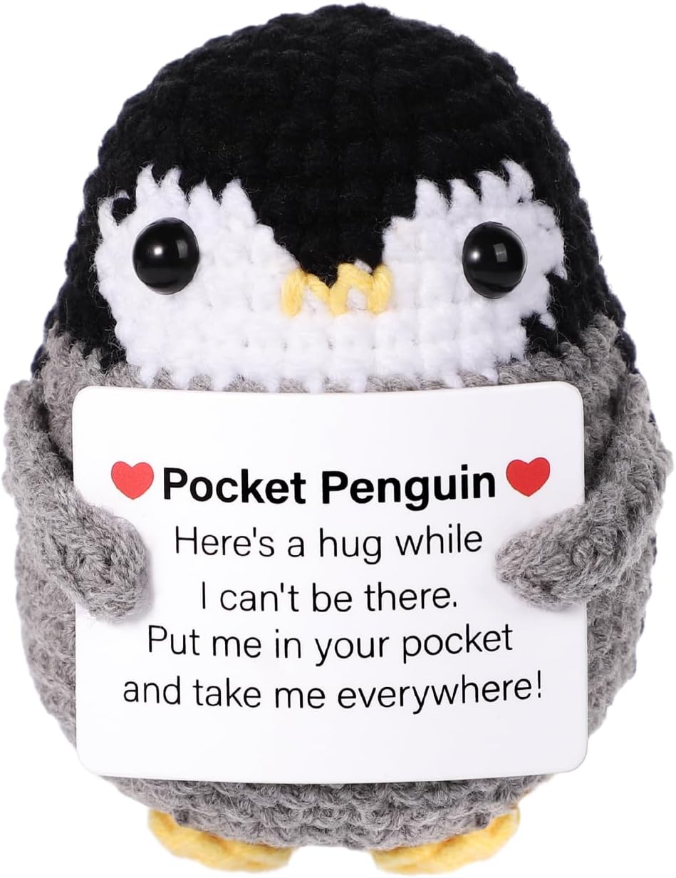 Mini Funny Positive Penguin, Cute Potato 2.6 Inch Knitted Penguin Toy with Positive Card Positive Penguin Crochet Doll Cheering Gift for Graduation Family Friend Encouragement Party Decoration(Gray)