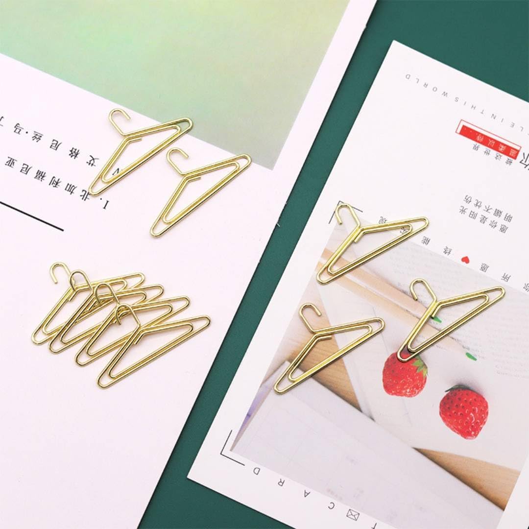 100Pcs Hanger Shape Paper Clips, Gold Metal Paperclips, Funny Paperclips, Electroplated Nonslip Paperclips for Office School (Clothes Rack)