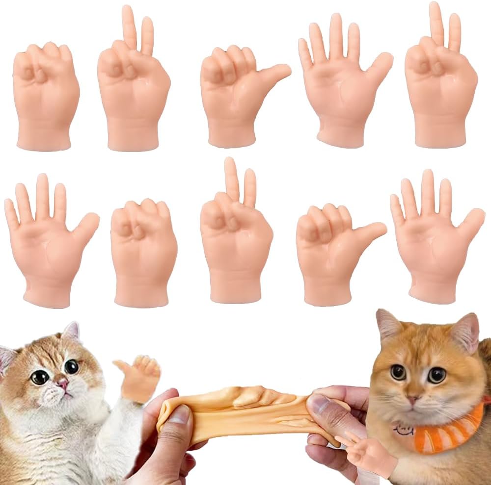 10 PCS Mini Hands for Cats，Small Hands Tiny Folded Hands Mini Realistic Hand Finger Puppets for Puppet Show,Gag Performance, Funny Stretchable Rubber Little Finger Hands for Cats and Puppy