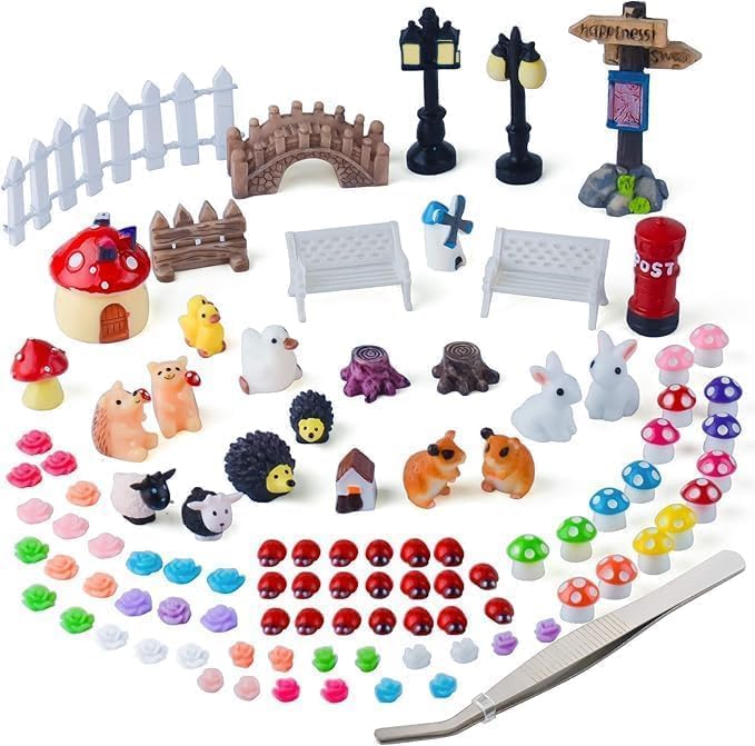 100 PCS Mini Fairy Garden Accessories Kit Outdoor Mushroom Tiny Animal Miniatures Garden Figurines Landscape Ornaments for Bonsai Terrarium House Plant Party Decoration Supplies