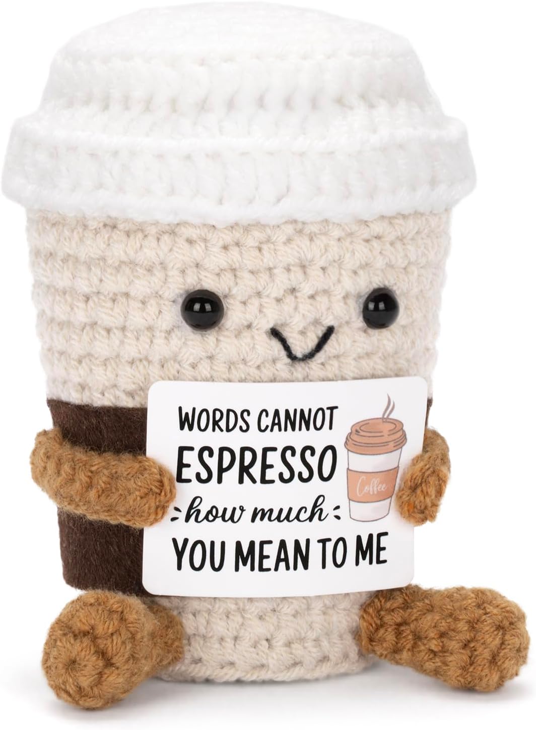 Funny Positive Coffee, Emotional Crochet Doll, Cute Crochet Potato Partner Toy with Positive Card Cheer Up Funny Gag Gifts for Best Friend Birthday Women Teacher Fall（Coffee