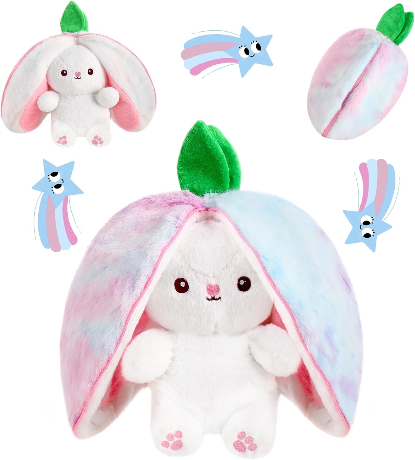 MIAODAM Bunny Stuffed Animal Reversible Cuddle Bunny Stuffed,Strawberry Bunny Transformed Rabbit Plush Zipper,Turns Into Ears Bunnies Plushies Toy Cute Stuffy Doll Easter Girlfriend Gift