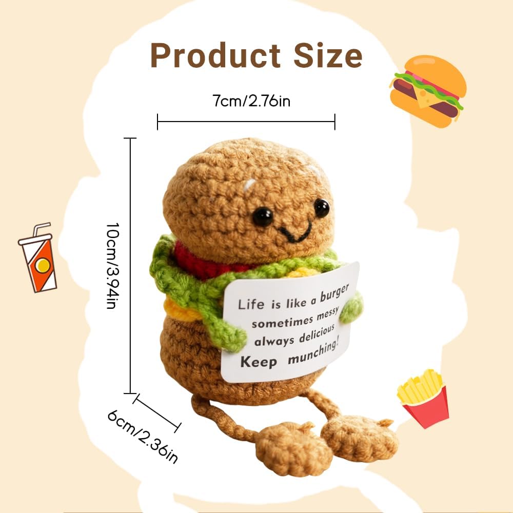 Cute Positive Burger Crochet Plush – Funny Encouragement Burger Decor, Small Handmade Crochet Gift for Friends, Coworkers & Teachers