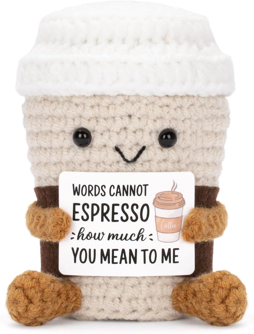Funny Positive Coffee, Emotional Crochet Doll, Cute Crochet Potato Partner Toy with Positive Card Cheer Up Funny Gag Gifts for Best Friend Birthday Women Teacher Fall（Coffee