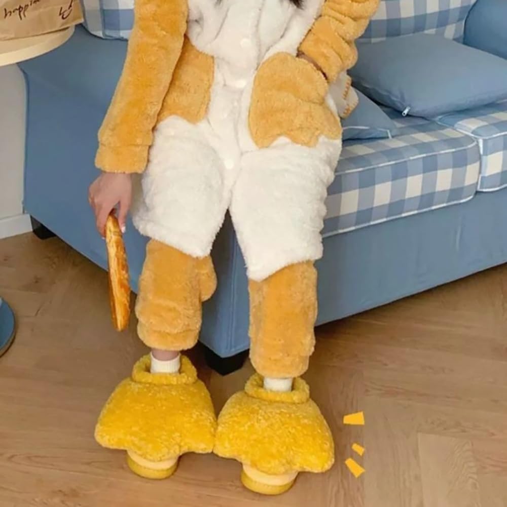 Cartoon Duck Feet Toddler Slippers Unique Fluffy Duck Paw Indoor Outdoor Shoes Funny Plush Warm Slippers with Heel Cover