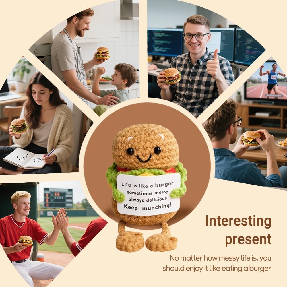 Cute Positive Burger Crochet Plush – Funny Encouragement Burger Decor, Small Handmade Crochet Gift for Friends, Coworkers & Teachers