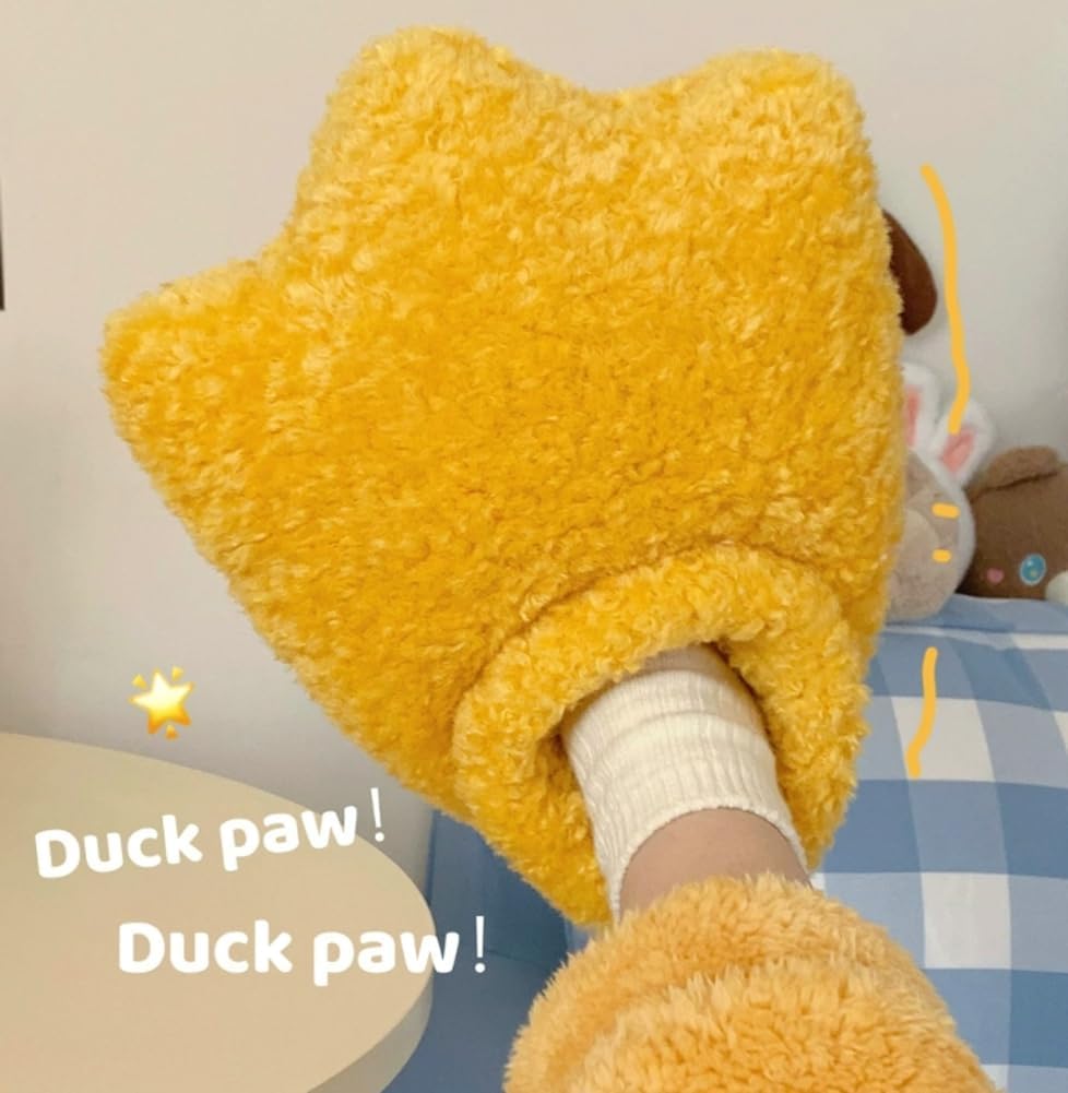 Cartoon Duck Feet Toddler Slippers Unique Fluffy Duck Paw Indoor Outdoor Shoes Funny Plush Warm Slippers with Heel Cover