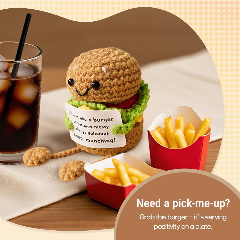 Cute Positive Burger Crochet Plush – Funny Encouragement Burger Decor, Small Handmade Crochet Gift for Friends, Coworkers & Teachers