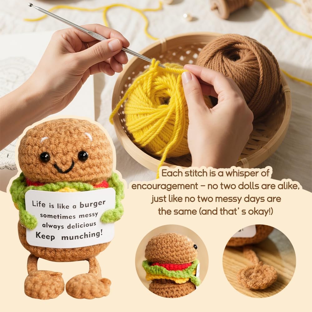 Cute Positive Burger Crochet Plush – Funny Encouragement Burger Decor, Small Handmade Crochet Gift for Friends, Coworkers & Teachers
