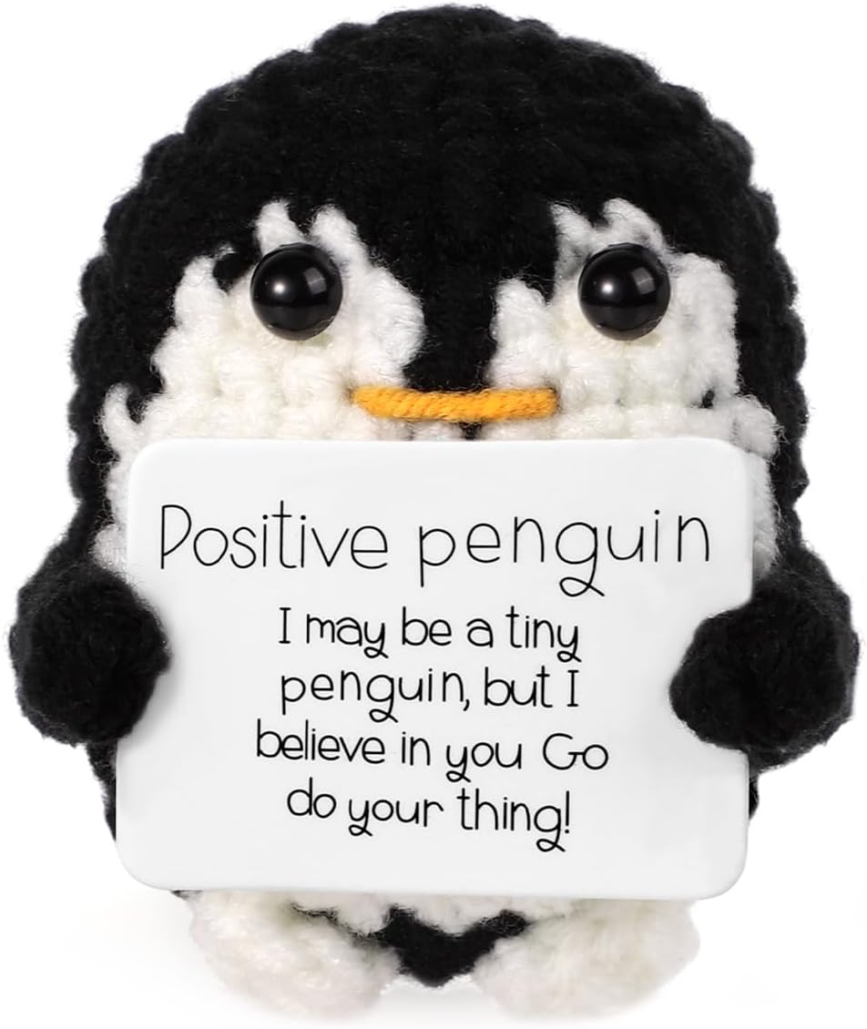 Mini Funny Positive Penguin, Cute Potato 2.6 Inch Knitted Penguin Toy with Positive Card Positive Penguin Crochet Doll Cheering Gift for Graduation Family Friend Encouragement Party Decoration(Gray)