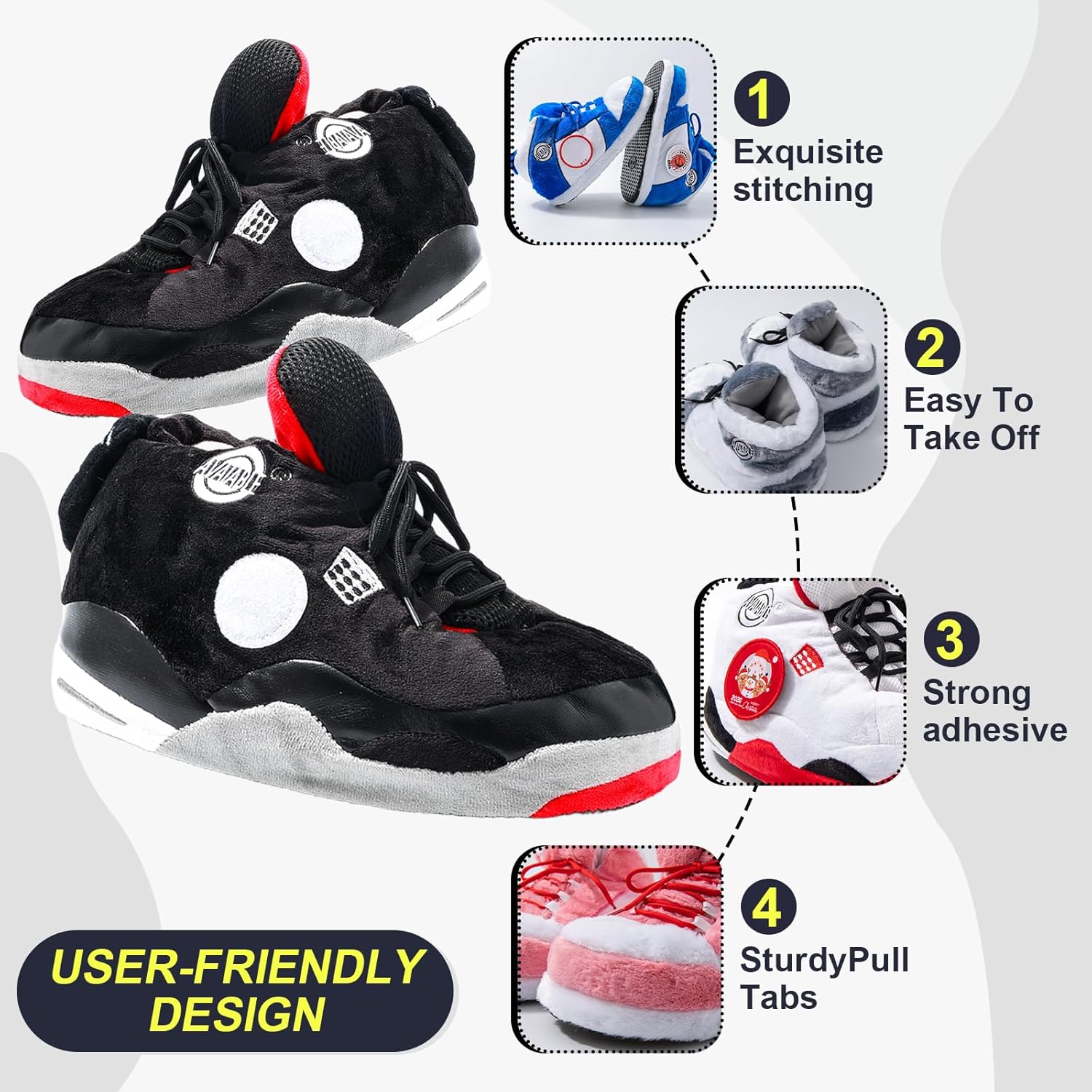 Sneaker Slippers, Funny Home Pantuflas for Women & Men Comfy Furry Warm Fluffy, Non Slip Sole, Unisex One Size Fits Most, With 5 Pairs Replaceable Decor Embroidered Patches