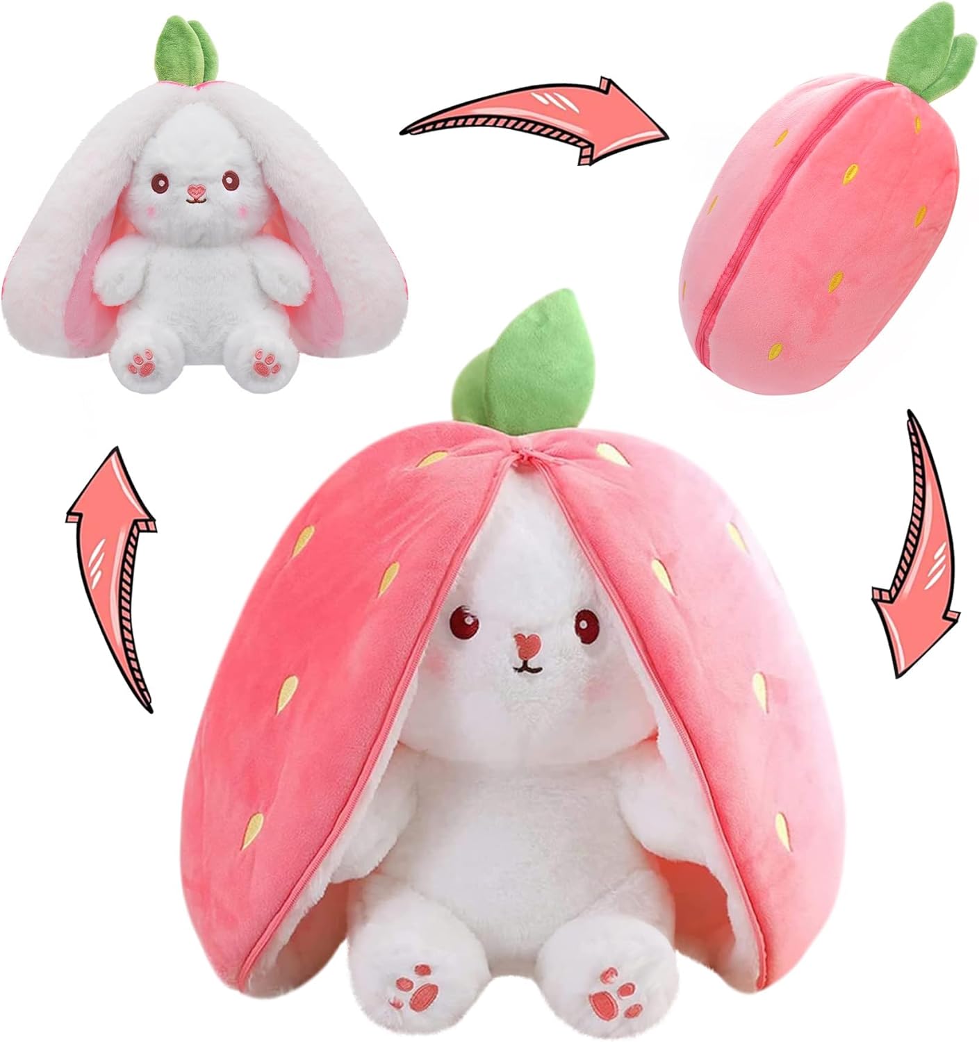 MIAODAM Bunny Stuffed Animal Reversible Cuddle Bunny Stuffed,Strawberry Bunny Transformed Rabbit Plush Zipper,Turns Into Ears Bunnies Plushies Toy Cute Stuffy Doll Easter Girlfriend Gift