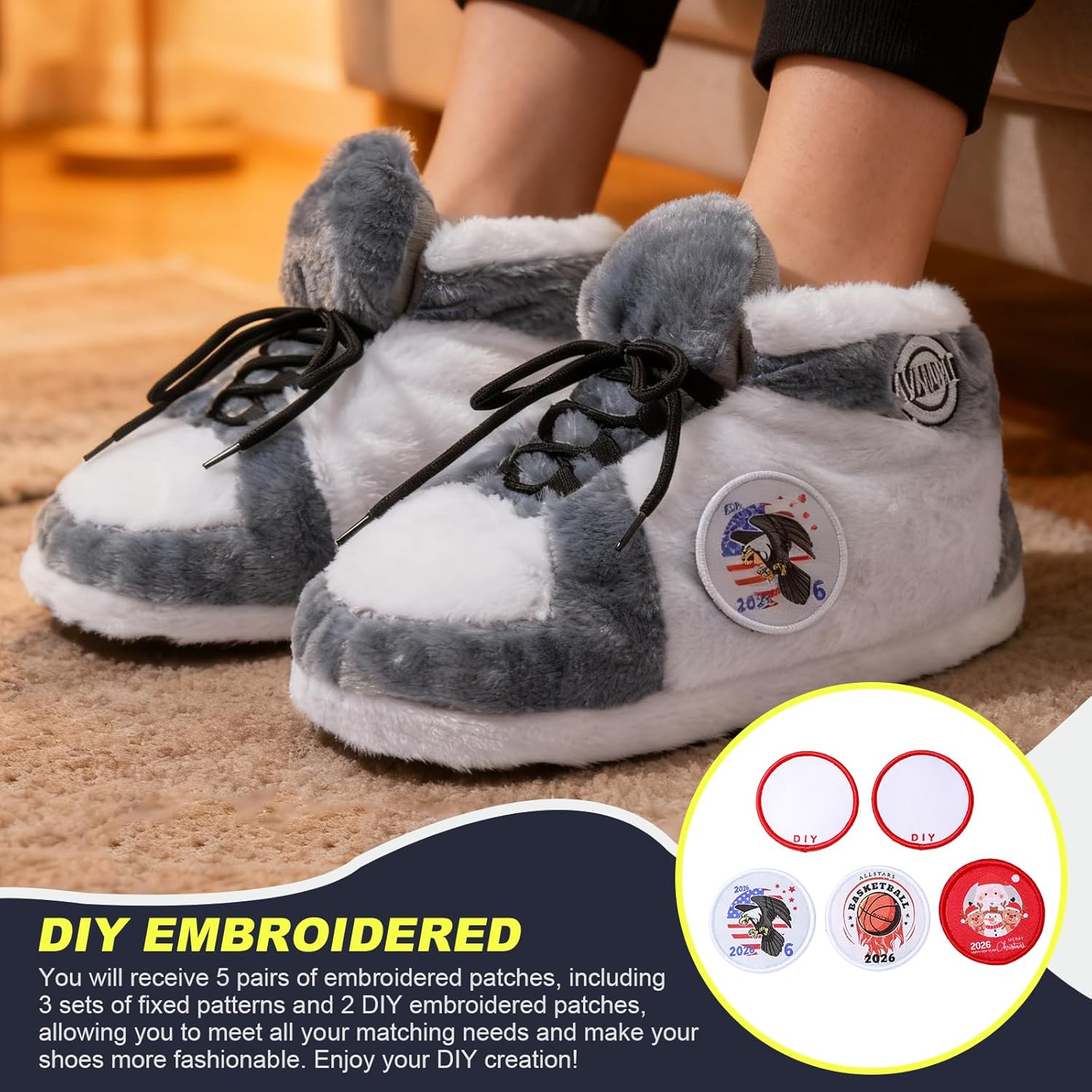 Sneaker Slippers, Funny Home Pantuflas for Women & Men Comfy Furry Warm Fluffy, Non Slip Sole, Unisex One Size Fits Most, With 5 Pairs Replaceable Decor Embroidered Patches