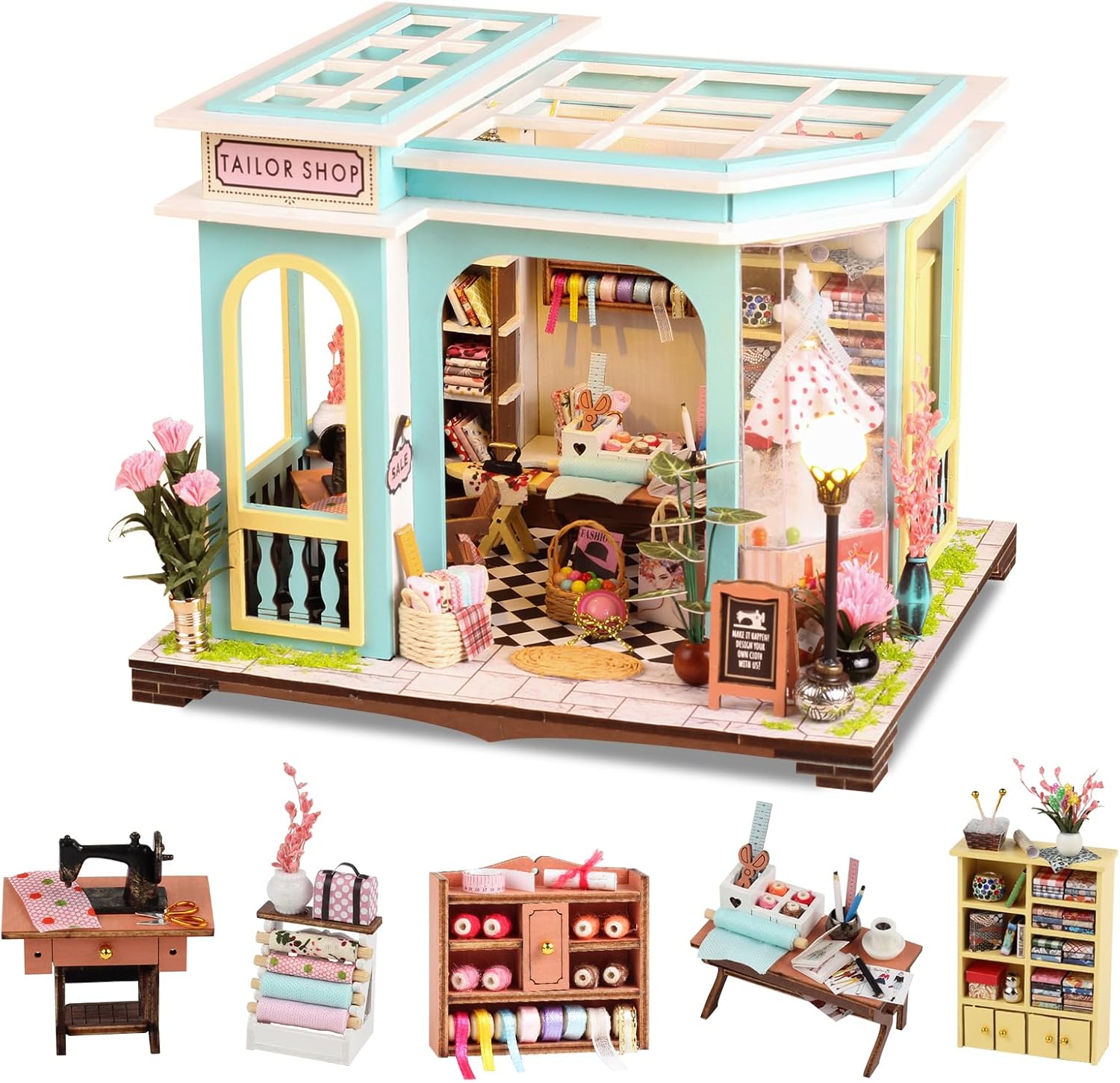 DIY Miniature House Kit,Tiny House Pet Shop with Furniture & LED,DIY Dollhouse Miniature Kit for Adults Teen,Mini House Building kit,3D Wooden Craft Mini Model Kit,Birthday Gifts Home Decor