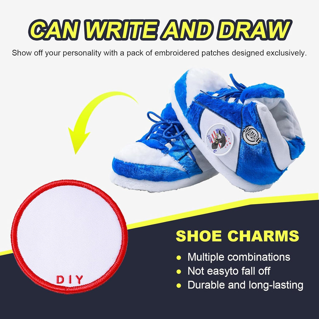 Sneaker Slippers, Funny Home Pantuflas for Women & Men Comfy Furry Warm Fluffy, Non Slip Sole, Unisex One Size Fits Most, With 5 Pairs Replaceable Decor Embroidered Patches