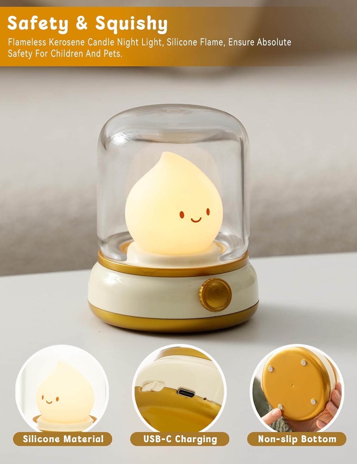 Flameless Candles Lamp, Led Candles,Cute Kerosene Lamp,Silicone Flame Amber Light,Adjustable Dimmable Rechargeable Night Light for Kids,Girls,Teenager Kids Bedroom Christmas