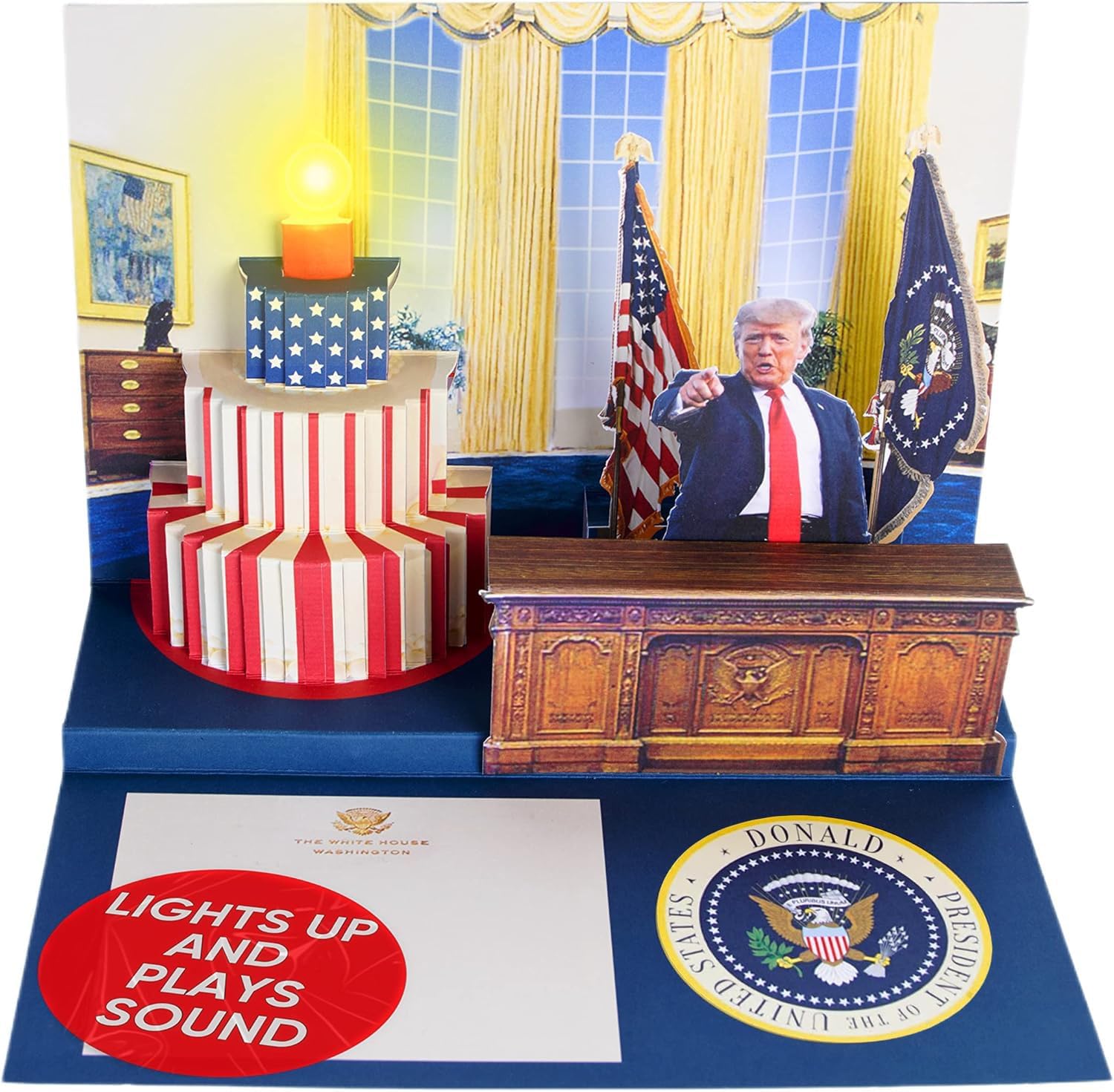 Donald Trump Pop Up Birthday Card with Real Voice, Lights & Music, Oval Office 3D Scene Plays Hail to the Chief, Funny Political Birthday Card for Dad, Republican Gag Gift, Original Cake Design