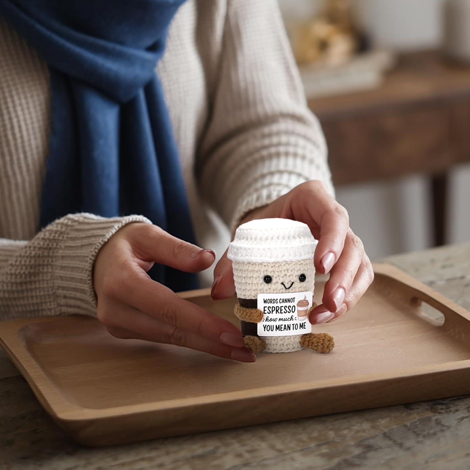 Funny Positive Coffee, Emotional Crochet Doll, Cute Crochet Potato Partner Toy with Positive Card Cheer Up Funny Gag Gifts for Best Friend Birthday Women Teacher Fall（Coffee