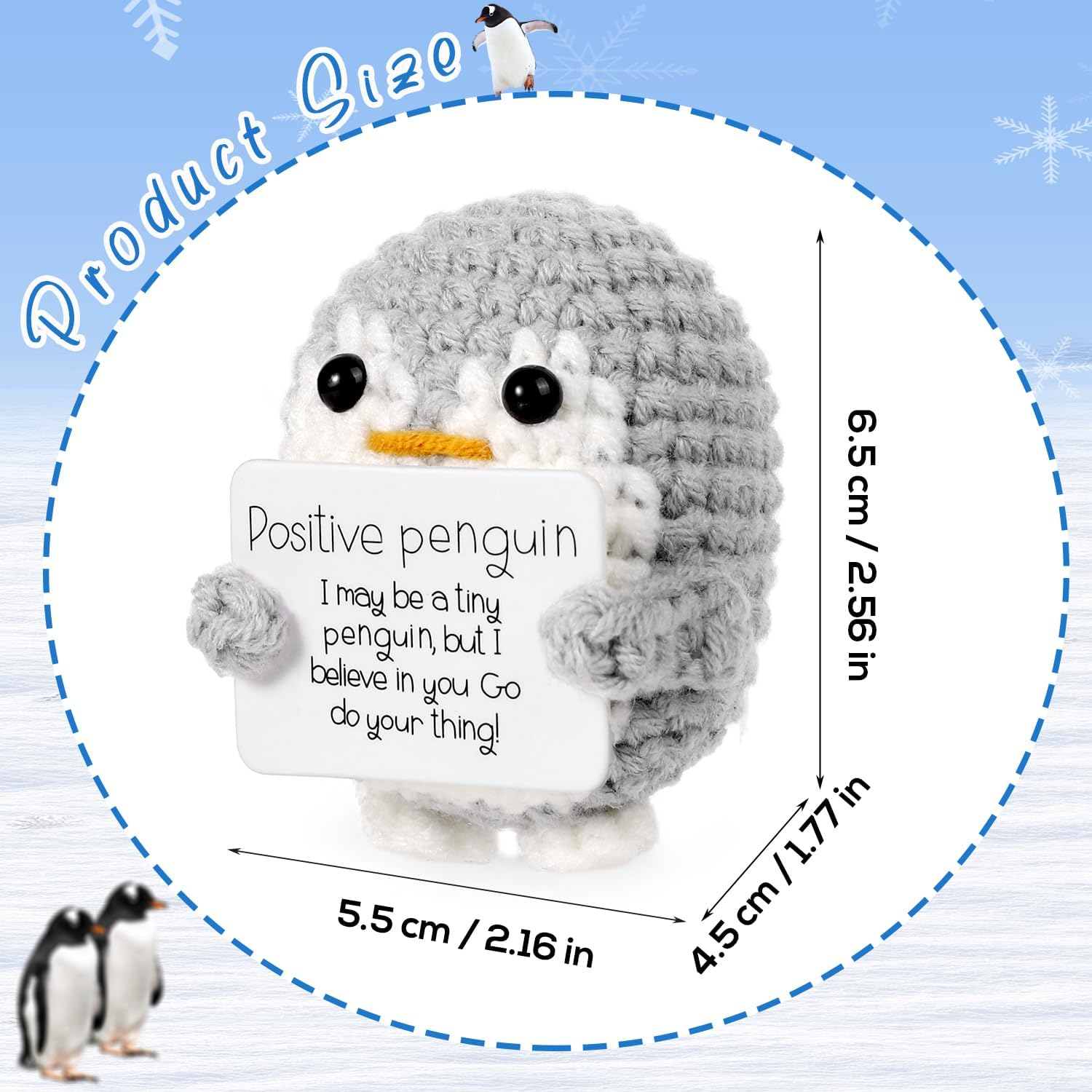 Mini Funny Positive Penguin, Cute Potato 2.6 Inch Knitted Penguin Toy with Positive Card Positive Penguin Crochet Doll Cheering Gift for Graduation Family Friend Encouragement Party Decoration(Gray)