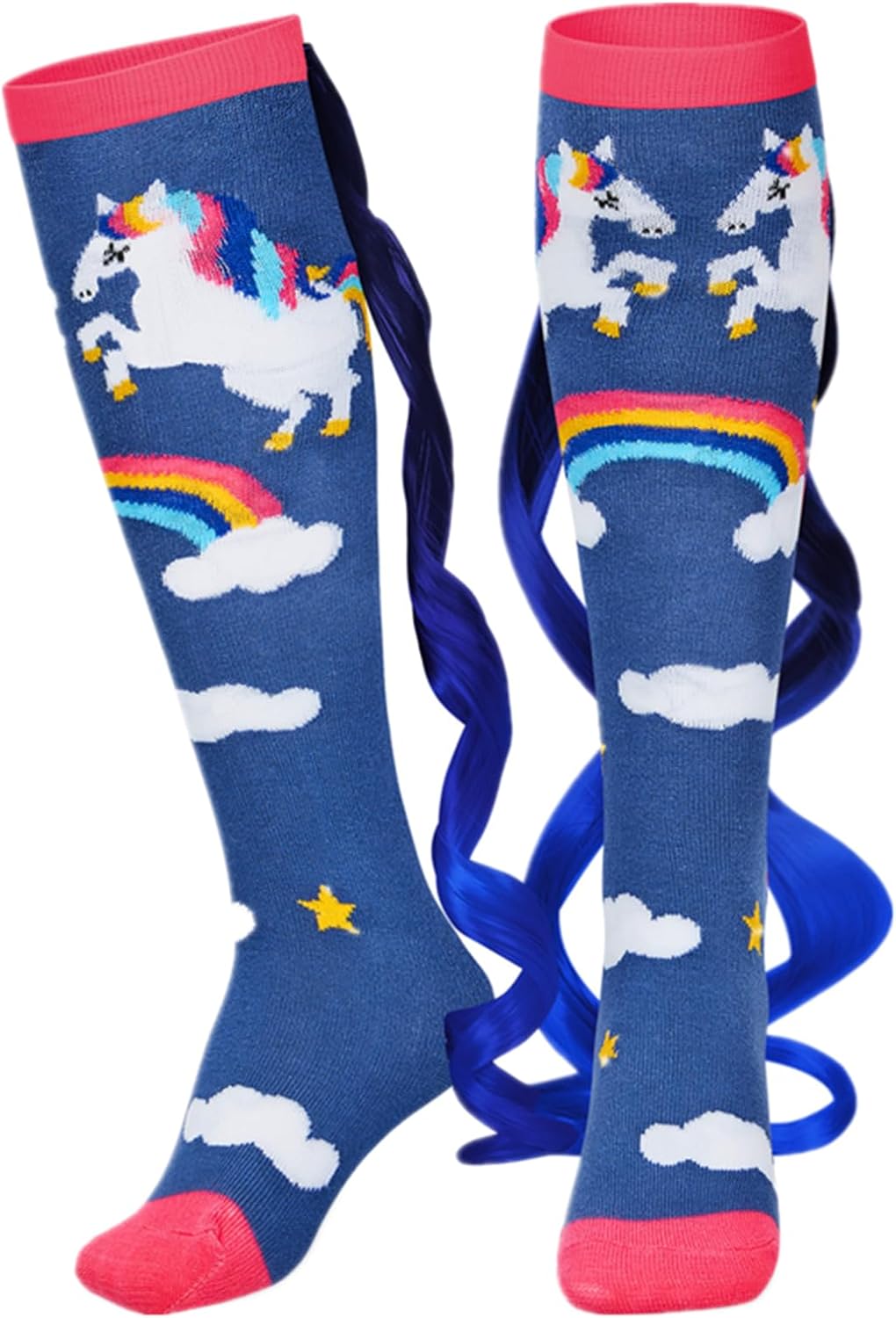1 Pairs Crazy Fun Silly Wacky High Socks Unicorn Mermaid Socks with Wigs Gift for Kids Girls Woman