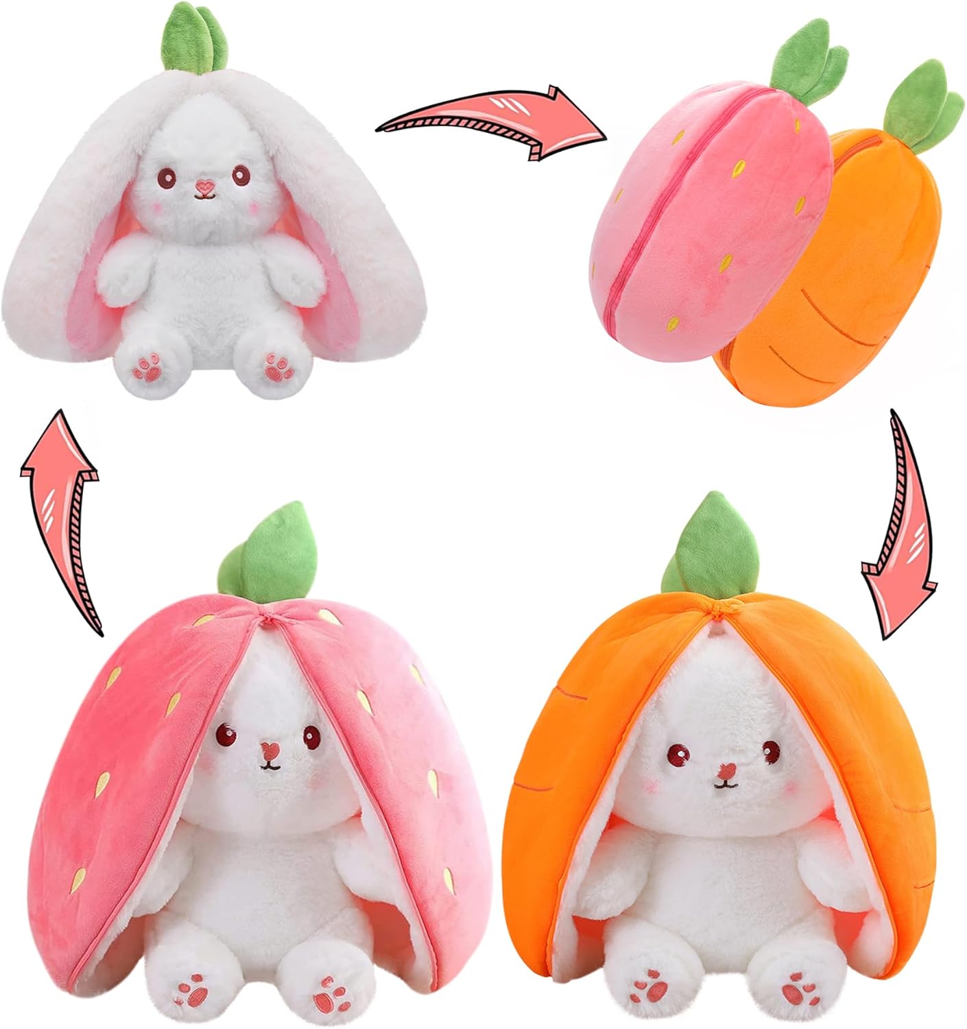 MIAODAM Bunny Stuffed Animal Reversible Cuddle Bunny Stuffed,Strawberry Bunny Transformed Rabbit Plush Zipper,Turns Into Ears Bunnies Plushies Toy Cute Stuffy Doll Easter Girlfriend Gift