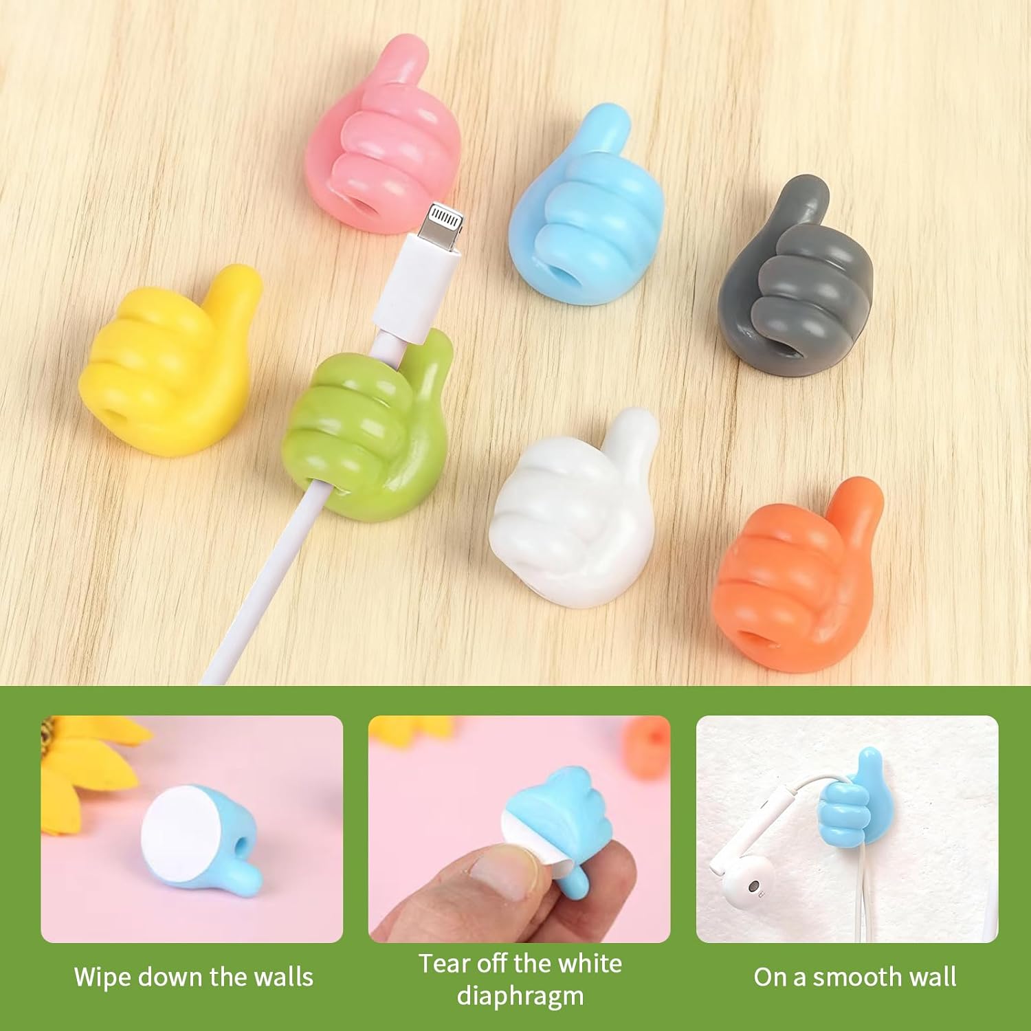 10Pcs Creative Thumbs Up Shape Wall Hook, Fun Self-Adhesive Silicone Thumb Wall Hooks, Thumb Cable Organizer Clips Key Hanger, Cute Thumb Cord Holder for Desk, Walls, Key, Cord Clips, Wire Holders