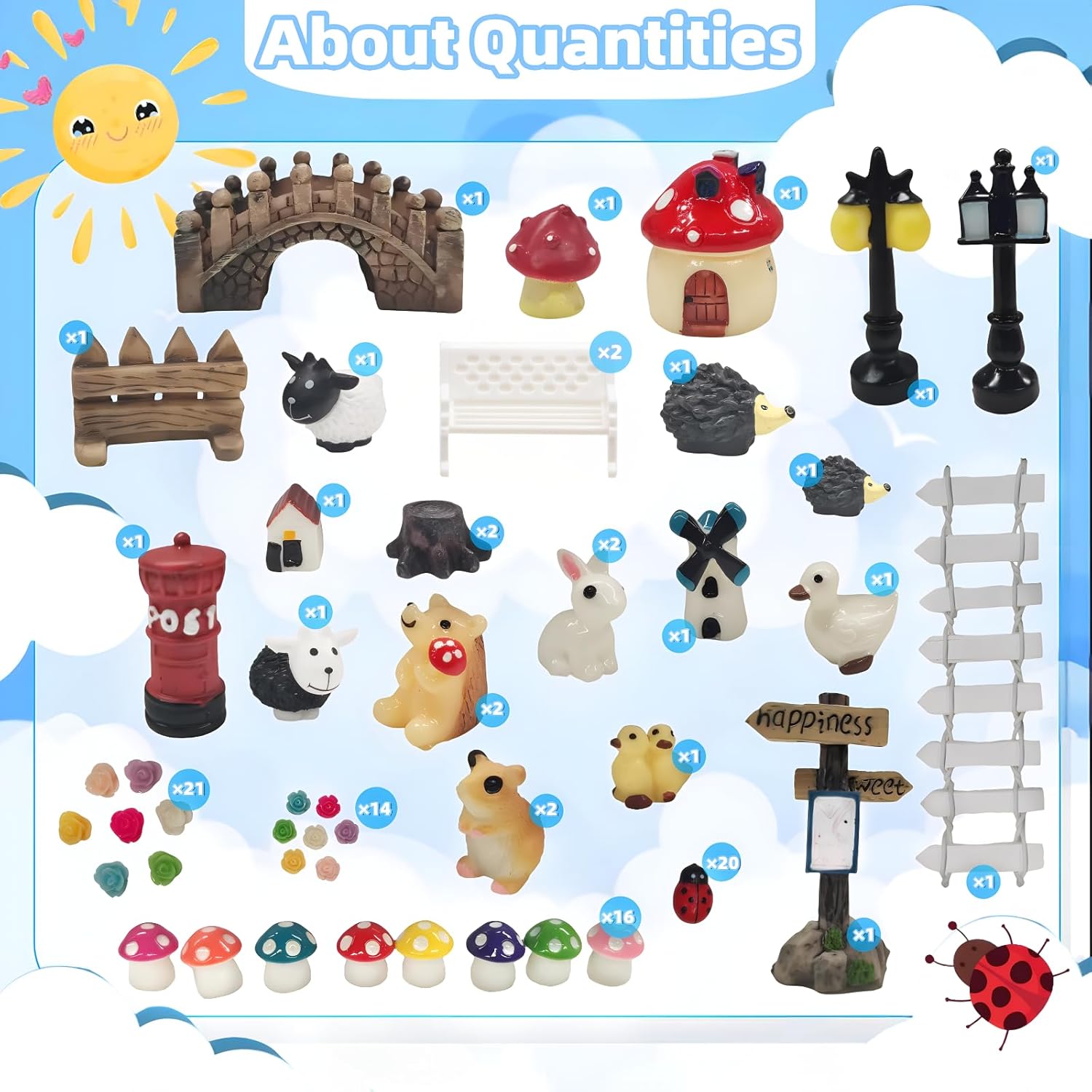 100 PCS Mini Fairy Garden Accessories Kit Outdoor Mushroom Tiny Animal Miniatures Garden Figurines Landscape Ornaments for Bonsai Terrarium House Plant Party Decoration Supplies