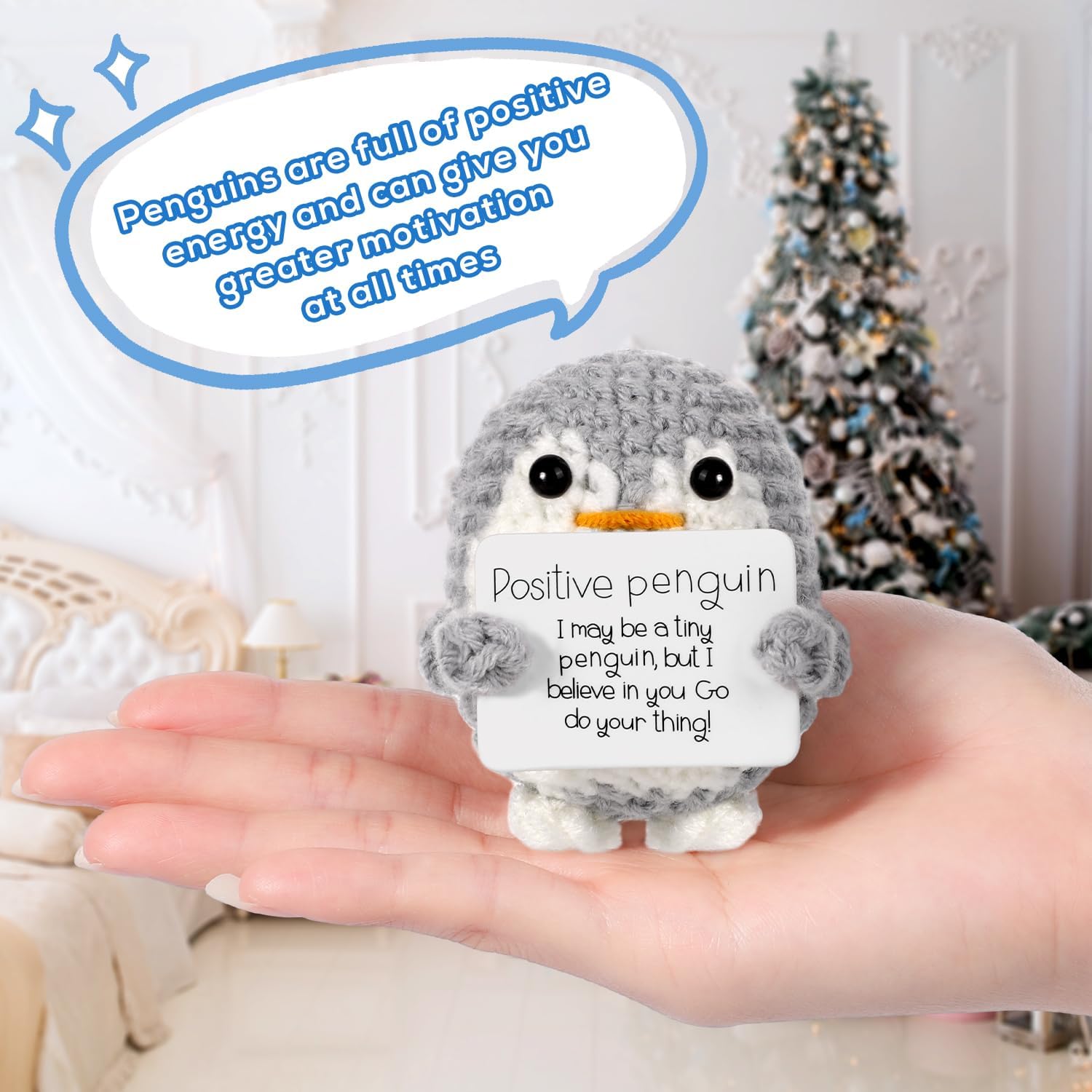 Mini Funny Positive Penguin, Cute Potato 2.6 Inch Knitted Penguin Toy with Positive Card Positive Penguin Crochet Doll Cheering Gift for Graduation Family Friend Encouragement Party Decoration(Gray)