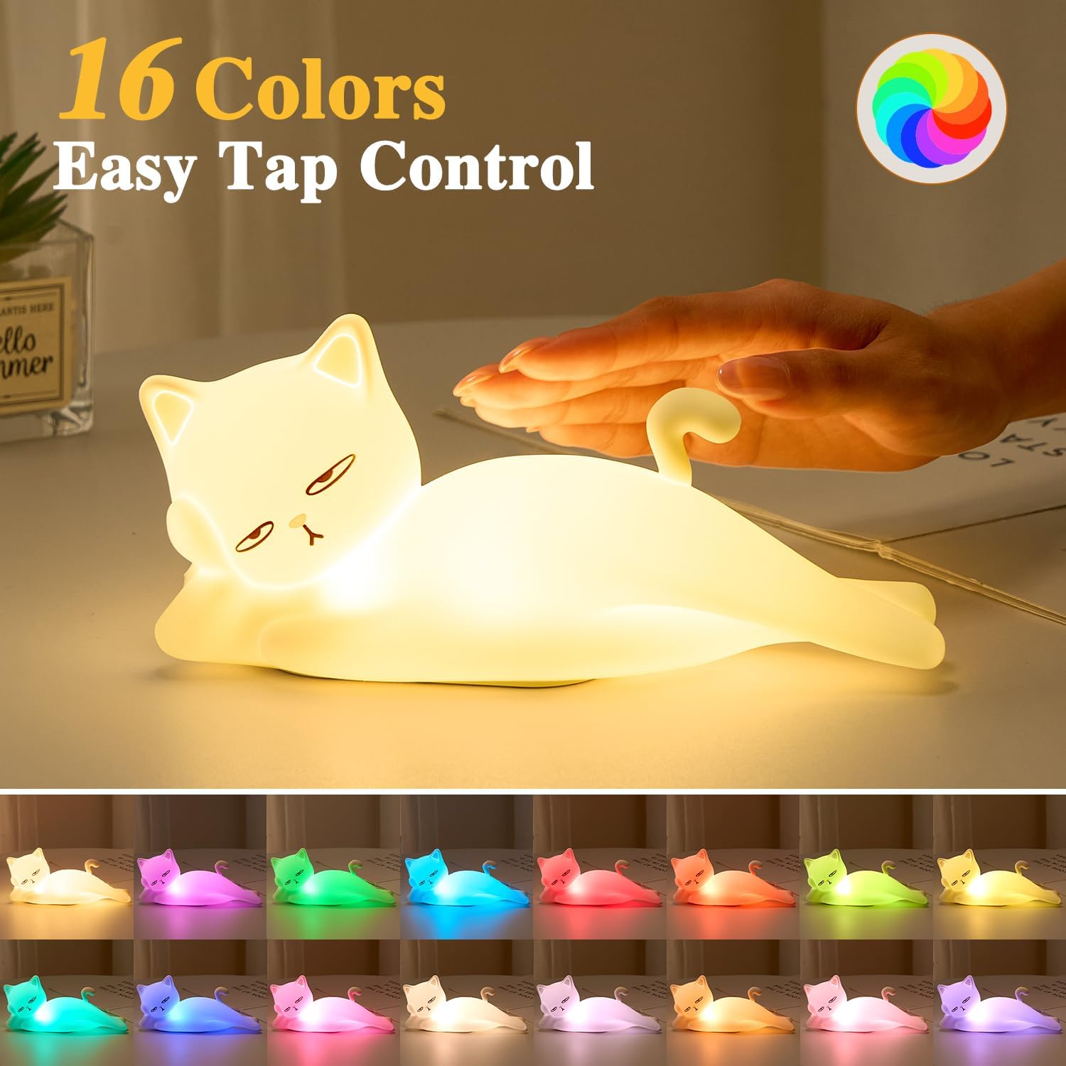 Lying Flat Cat Lamp Funny Gifts, 16 Colors+5 Dimming+Silicone Random Stuff, Touch+Remote+Recharge Night Light for Kids, Cool Lamp Unique Lamps Cute Weird Stuff, Cat Gifts for Teen Girls/Adults/Kids