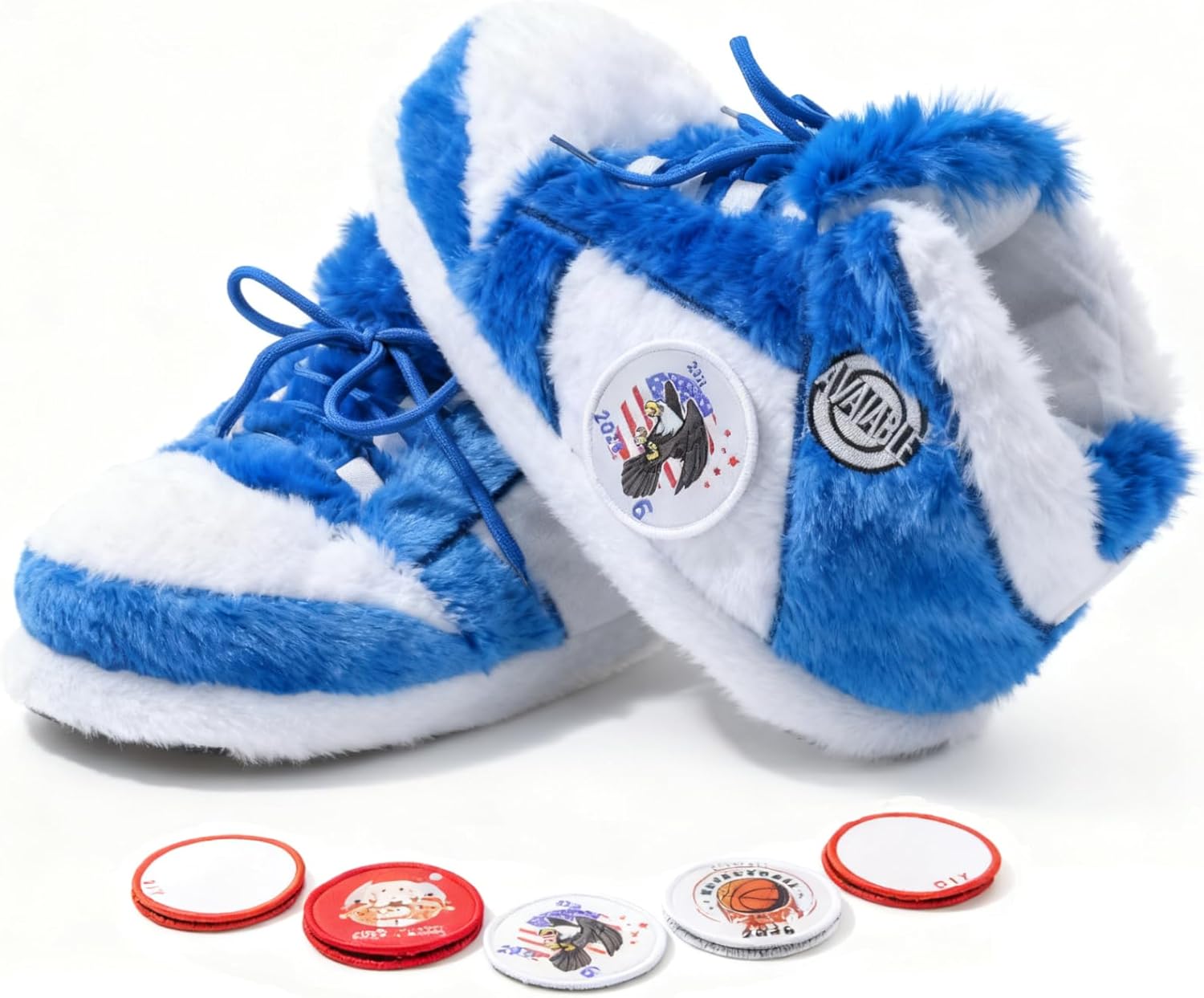 Sneaker Slippers, Funny Home Pantuflas for Women & Men Comfy Furry Warm Fluffy, Non Slip Sole, Unisex One Size Fits Most, With 5 Pairs Replaceable Decor Embroidered Patches