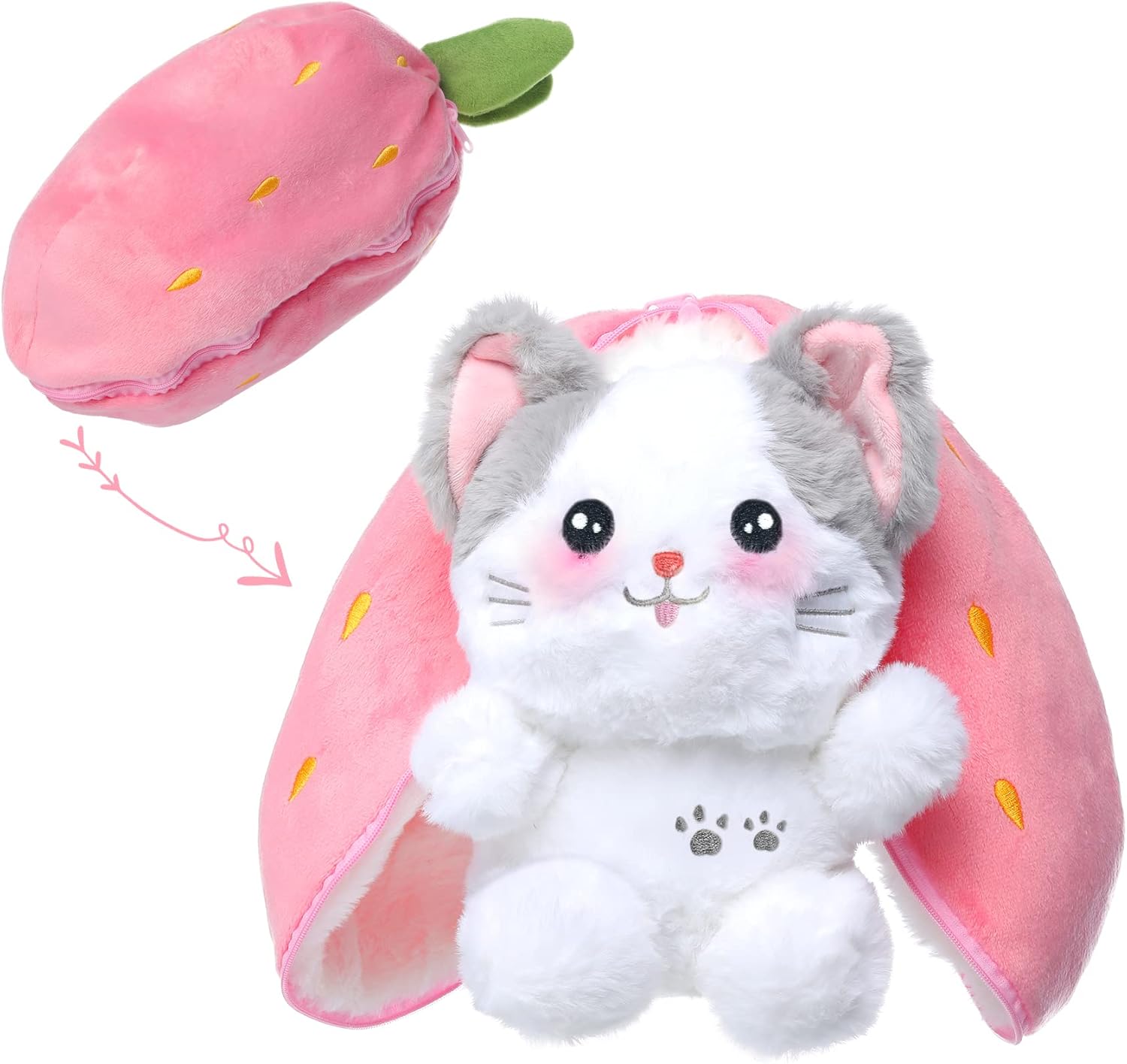 MIAODAM Bunny Stuffed Animal Reversible Cuddle Bunny Stuffed,Strawberry Bunny Transformed Rabbit Plush Zipper,Turns Into Ears Bunnies Plushies Toy Cute Stuffy Doll Easter Girlfriend Gift