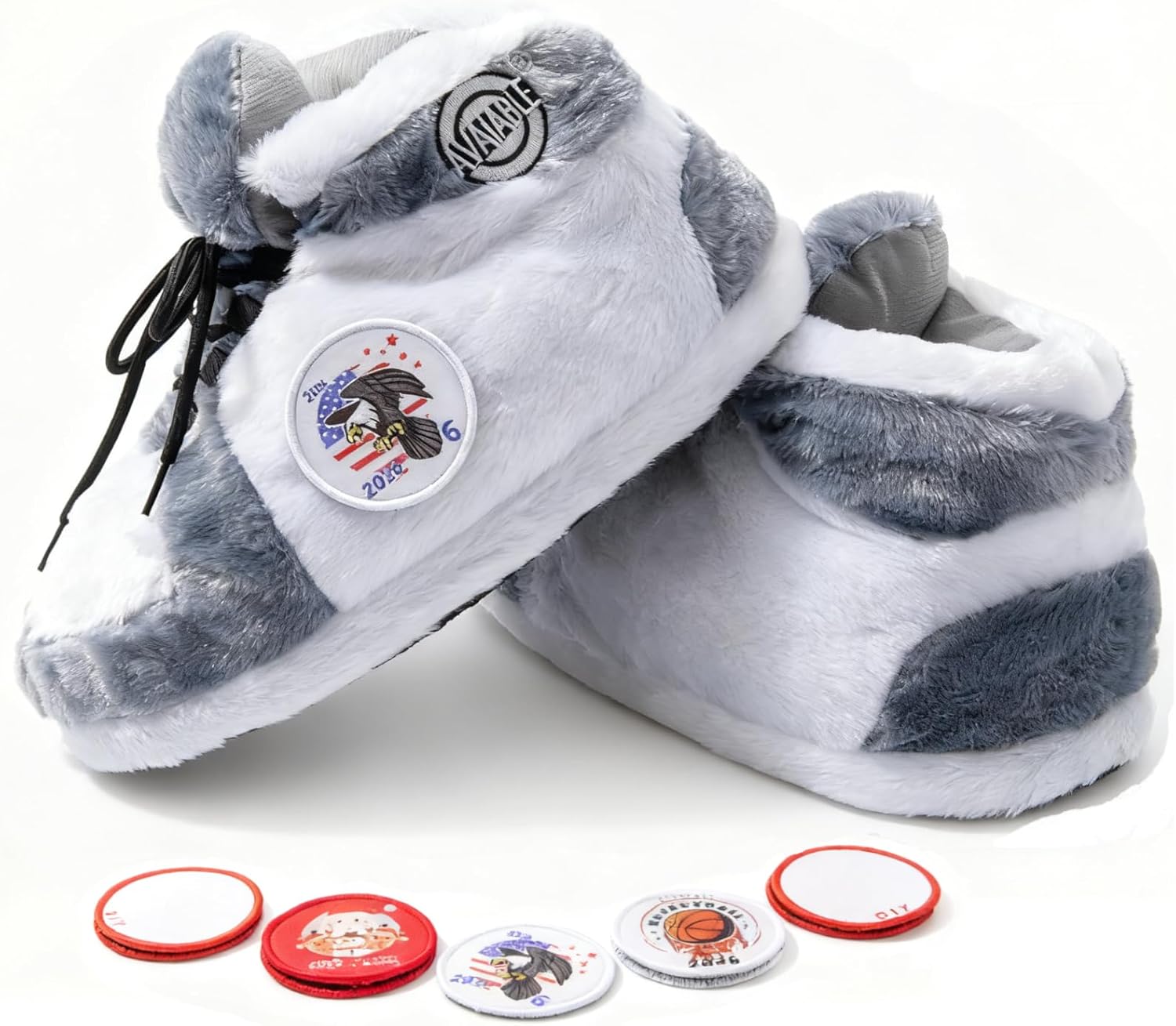 Sneaker Slippers, Funny Home Pantuflas for Women & Men Comfy Furry Warm Fluffy, Non Slip Sole, Unisex One Size Fits Most, With 5 Pairs Replaceable Decor Embroidered Patches