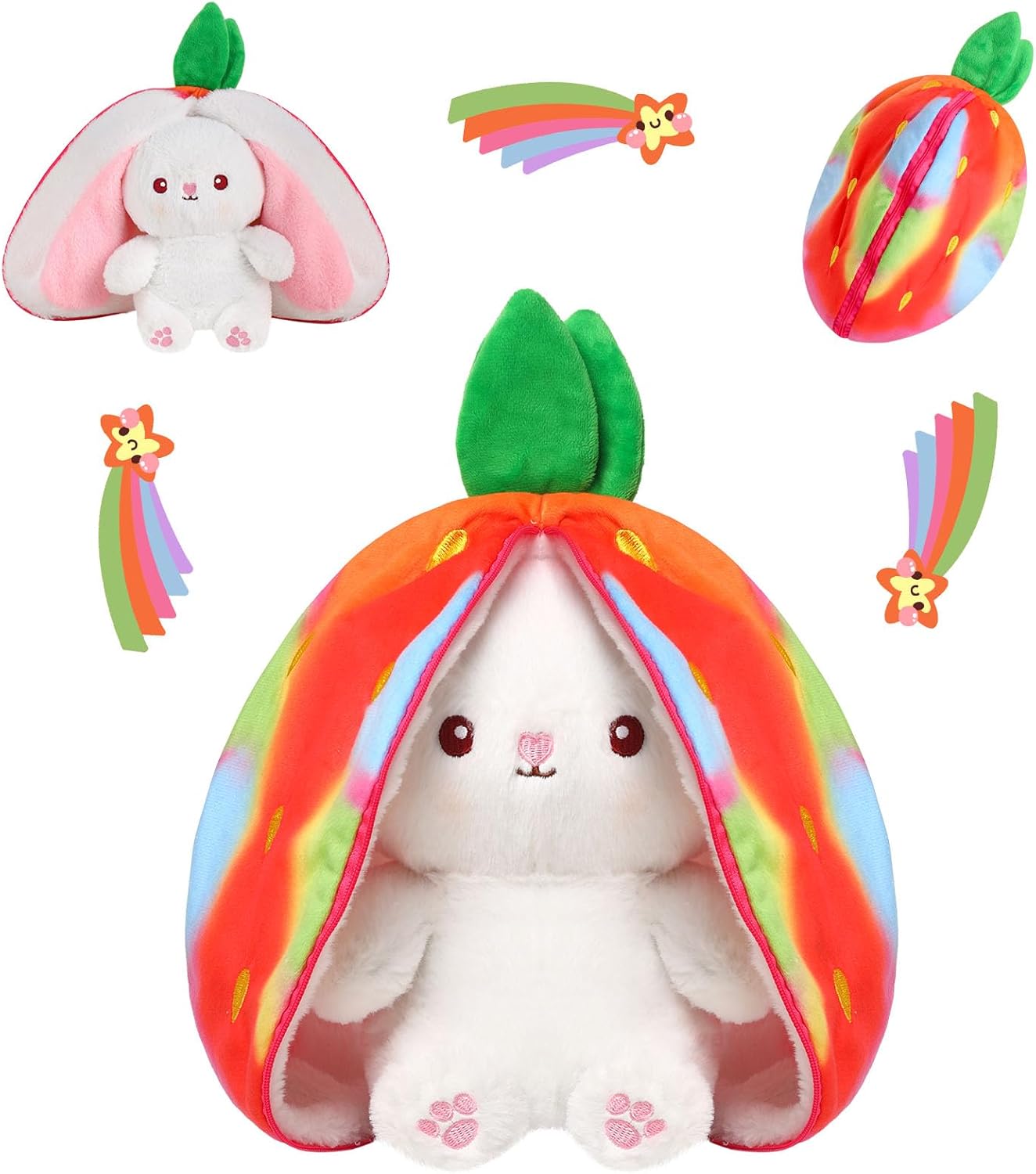 MIAODAM Bunny Stuffed Animal Reversible Cuddle Bunny Stuffed,Strawberry Bunny Transformed Rabbit Plush Zipper,Turns Into Ears Bunnies Plushies Toy Cute Stuffy Doll Easter Girlfriend Gift
