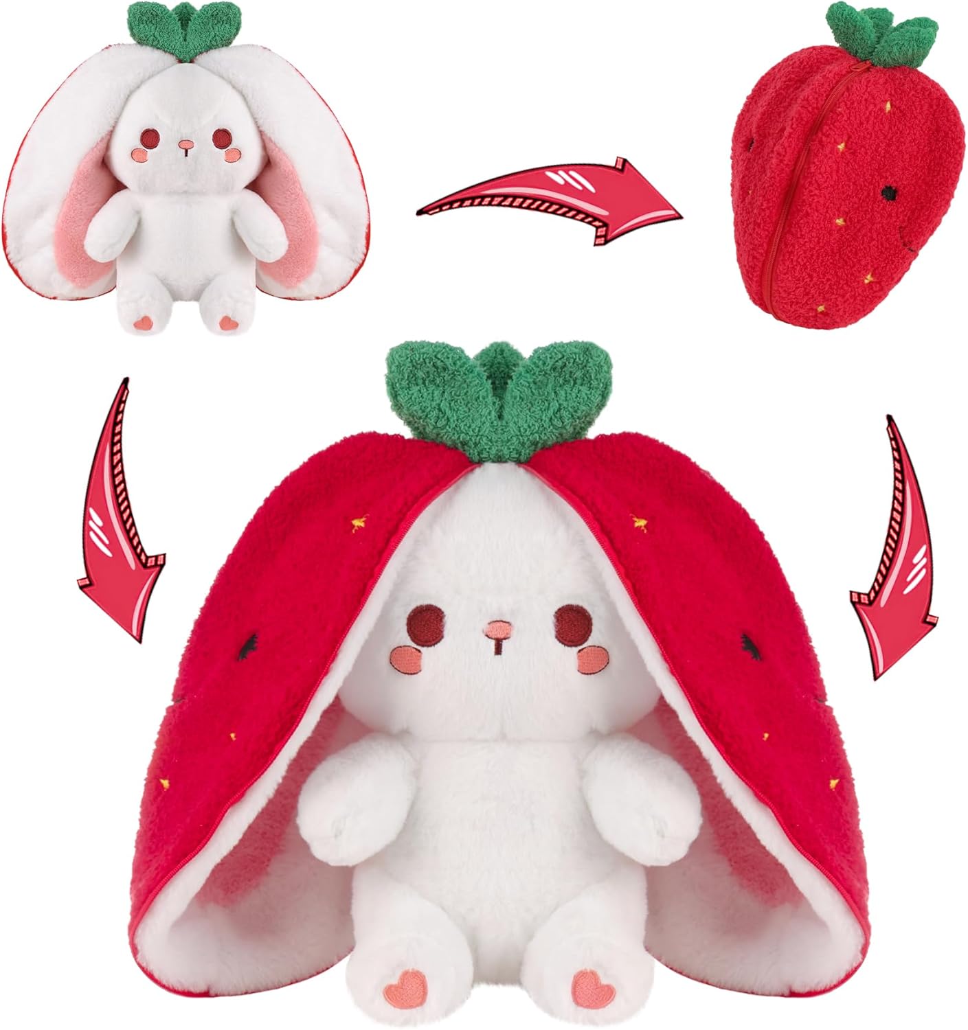 MIAODAM Bunny Stuffed Animal Reversible Cuddle Bunny Stuffed,Strawberry Bunny Transformed Rabbit Plush Zipper,Turns Into Ears Bunnies Plushies Toy Cute Stuffy Doll Easter Girlfriend Gift