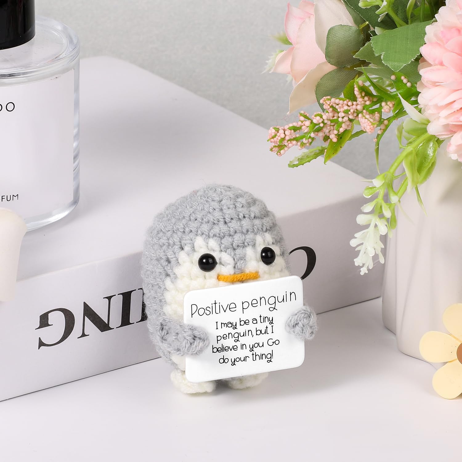 Mini Funny Positive Penguin, Cute Potato 2.6 Inch Knitted Penguin Toy with Positive Card Positive Penguin Crochet Doll Cheering Gift for Graduation Family Friend Encouragement Party Decoration(Gray)