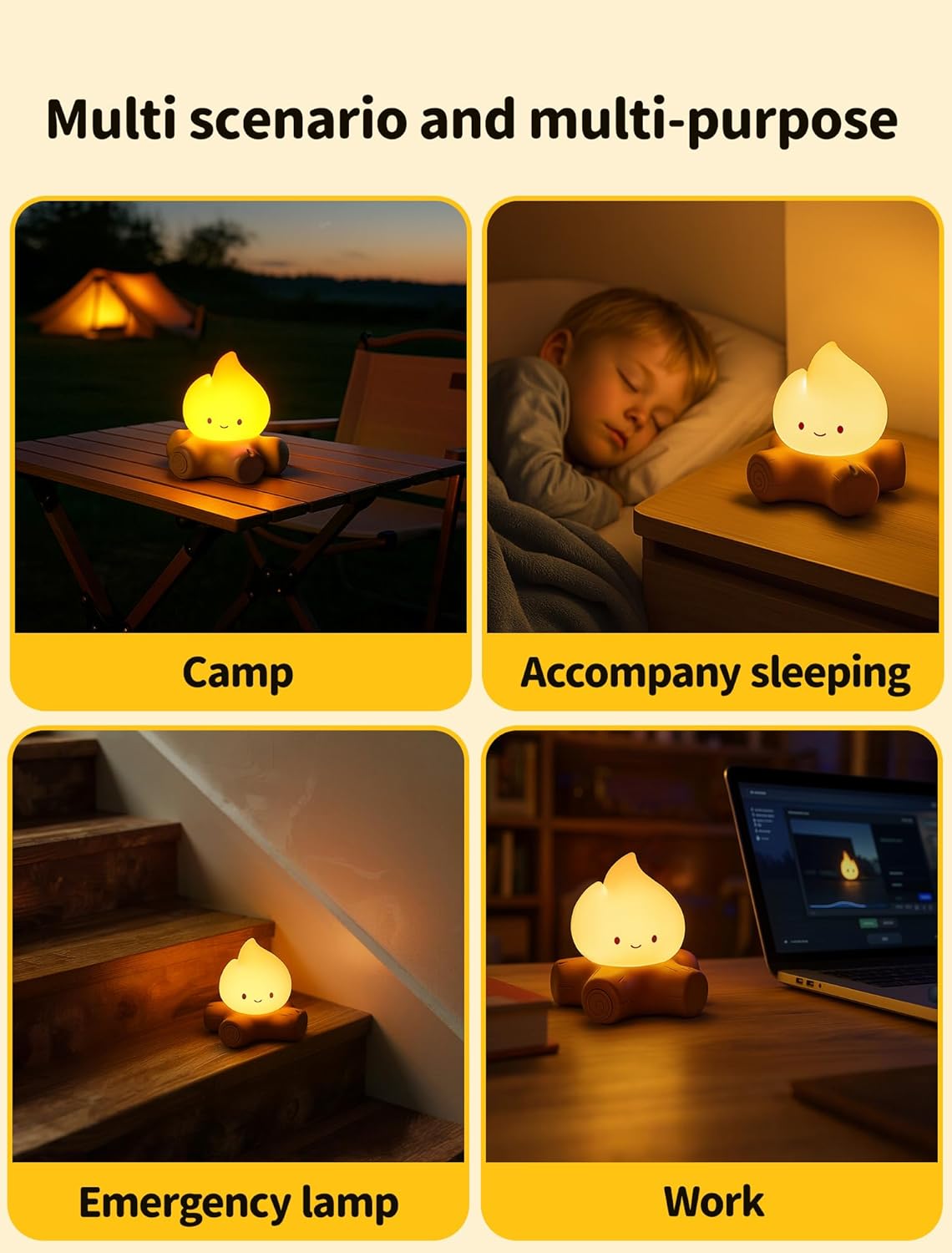 Campfire Night Light, Portable Flame Lamp with White Noise, Cute Silicone Flameless Candle Lights,Suitable for Kids lamp Bedroom, Indoor/Outdoor and Home Decoration