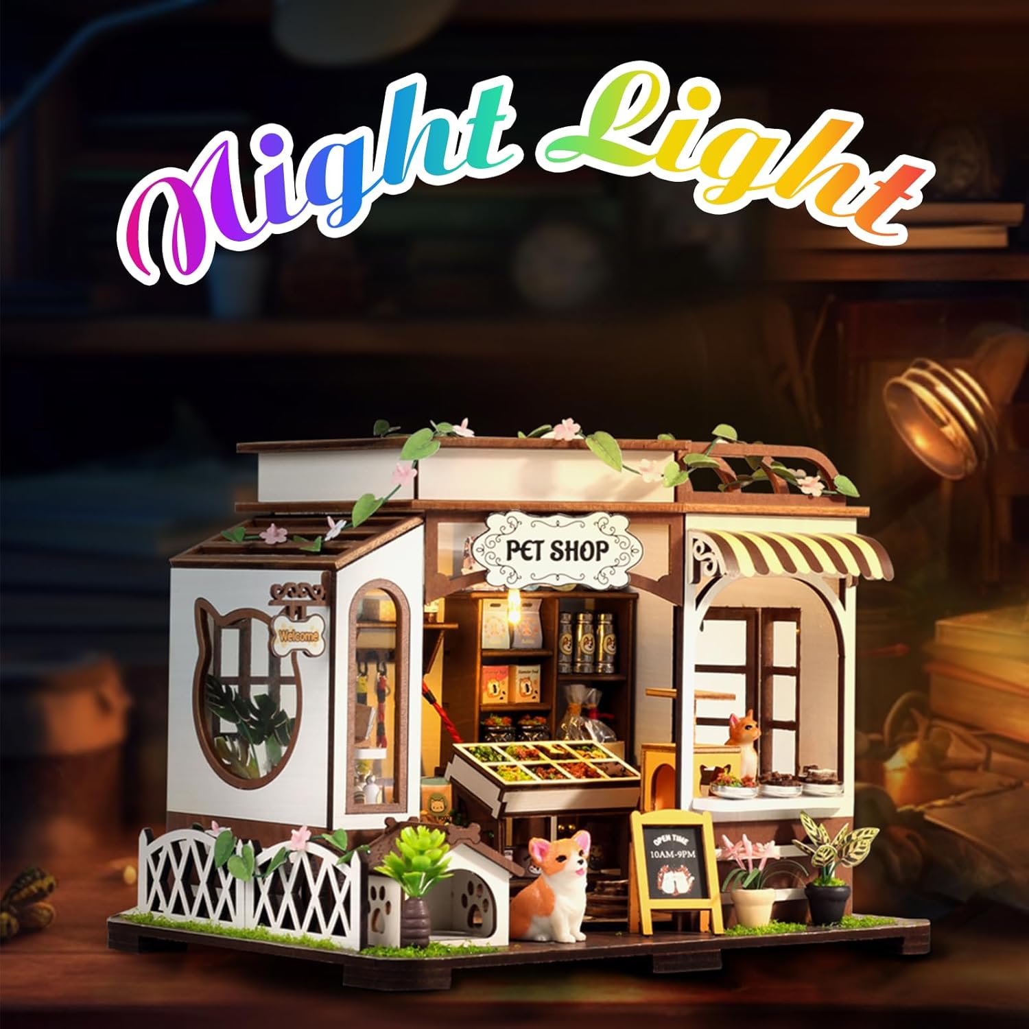 DIY Miniature House Kit,Tiny House Pet Shop with Furniture & LED,DIY Dollhouse Miniature Kit for Adults Teen,Mini House Building kit,3D Wooden Craft Mini Model Kit,Birthday Gifts Home Decor