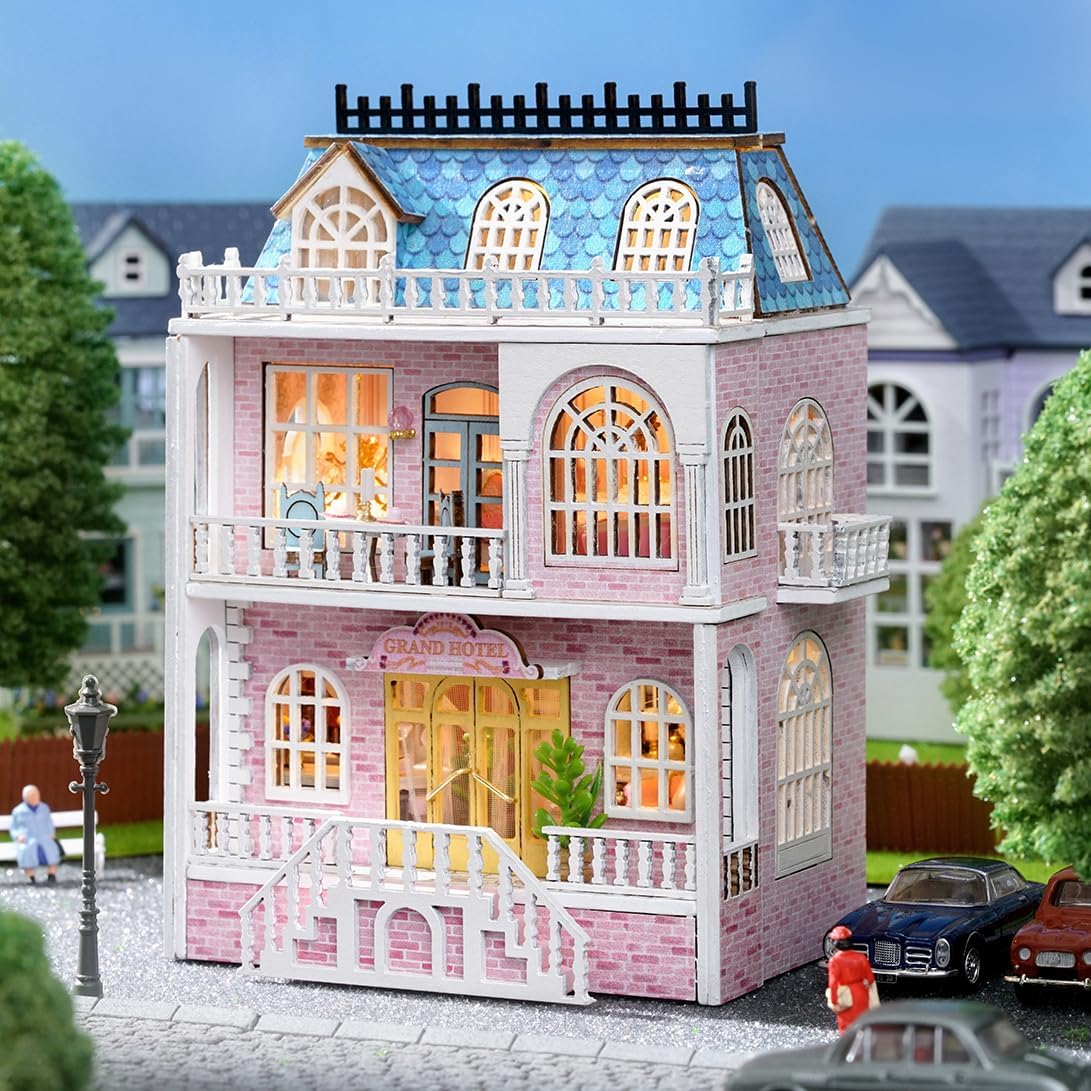 CUTEROOM Wooden Miniature House Kit - DIY Tiny House Making Kit with Furniture, Dollhouse Gift for Women and Girls (Romantic Castle)