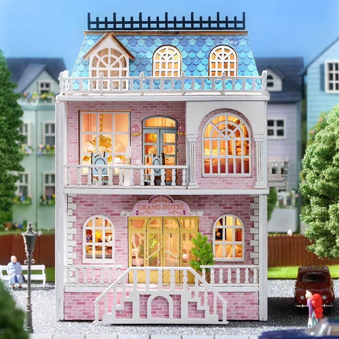 CUTEROOM Wooden Miniature House Kit - DIY Tiny House Making Kit with Furniture, Dollhouse Gift for Women and Girls (Romantic Castle)