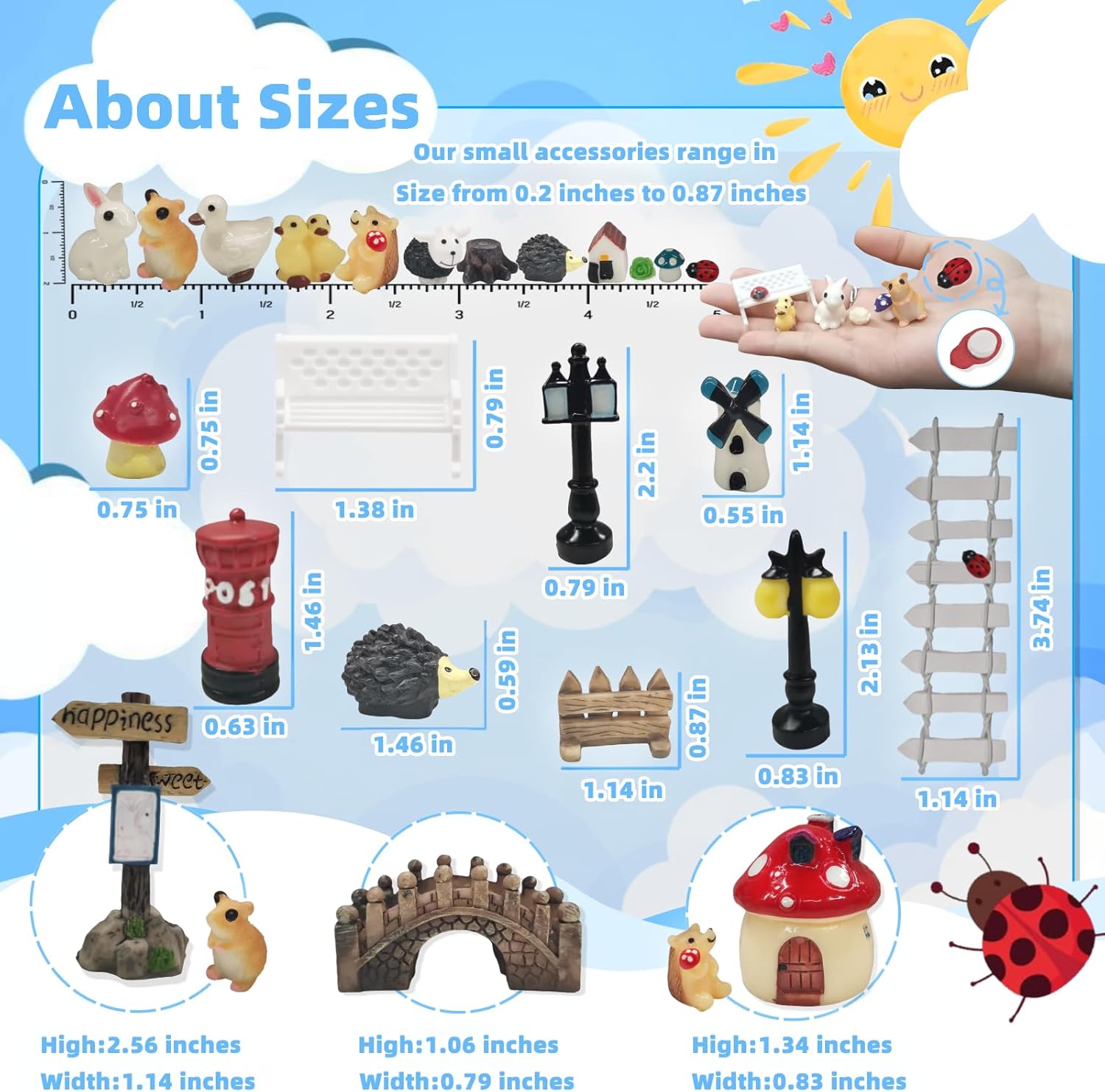 100 PCS Mini Fairy Garden Accessories Kit Outdoor Mushroom Tiny Animal Miniatures Garden Figurines Landscape Ornaments for Bonsai Terrarium House Plant Party Decoration Supplies
