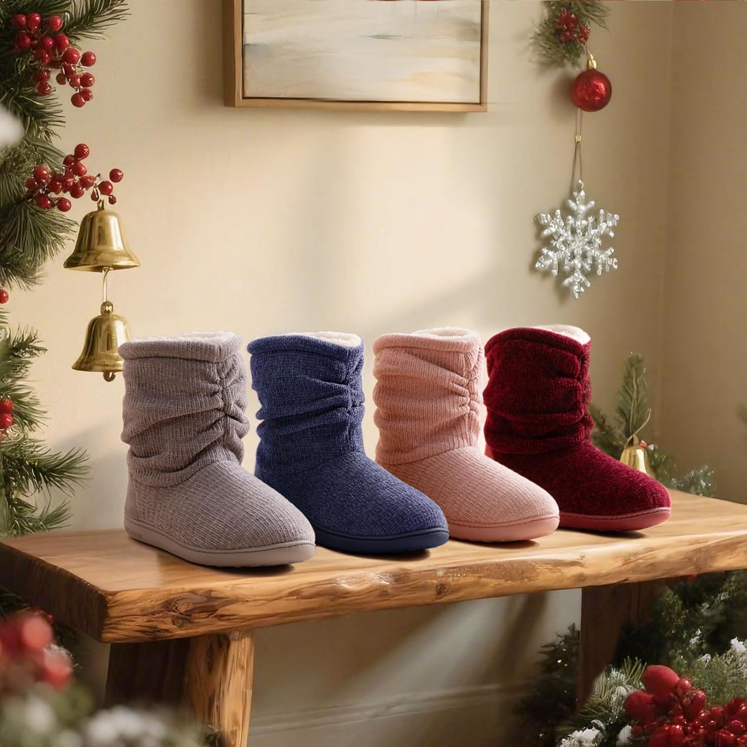 LongBay Women's Cozy Winter Slipper Boots Warm Chenille Knit Bootie Memory Foam Non-Slip Indoor Outdoor House Shoes