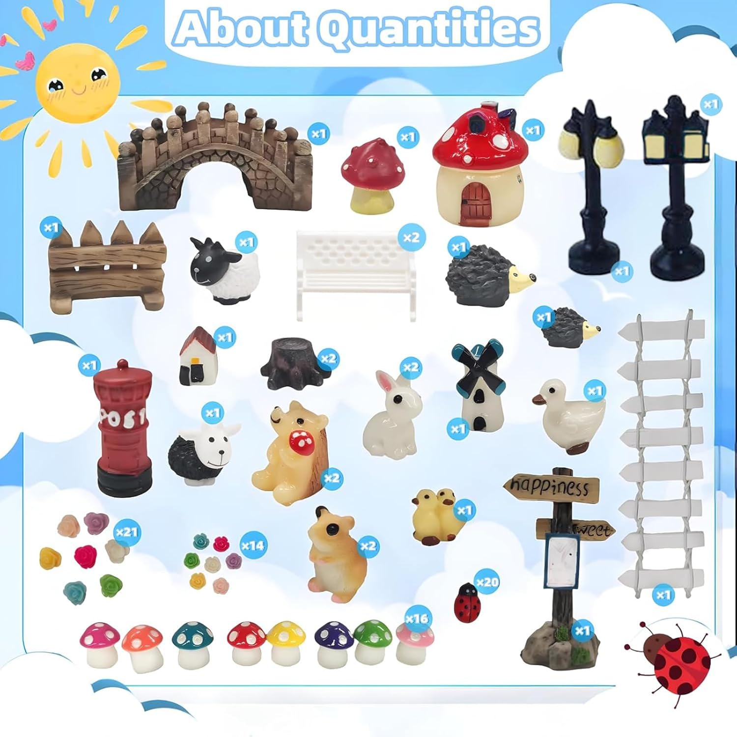 100 PCS Mini Fairy Garden Accessories Kit Outdoor Mushroom Tiny Animal Miniatures Garden Figurines Landscape Ornaments for Bonsai Terrarium House Plant Party Decoration Supplies