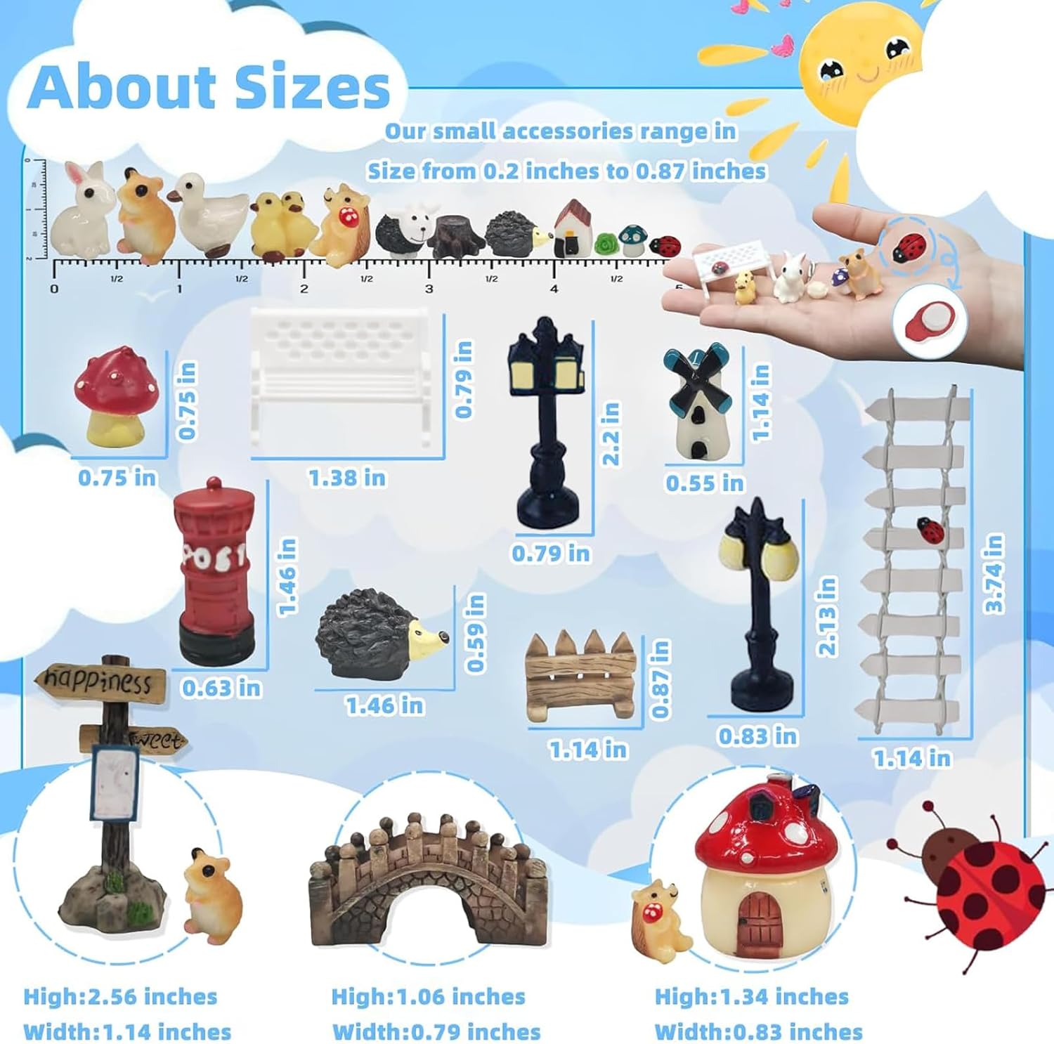 100 PCS Mini Fairy Garden Accessories Kit Outdoor Mushroom Tiny Animal Miniatures Garden Figurines Landscape Ornaments for Bonsai Terrarium House Plant Party Decoration Supplies