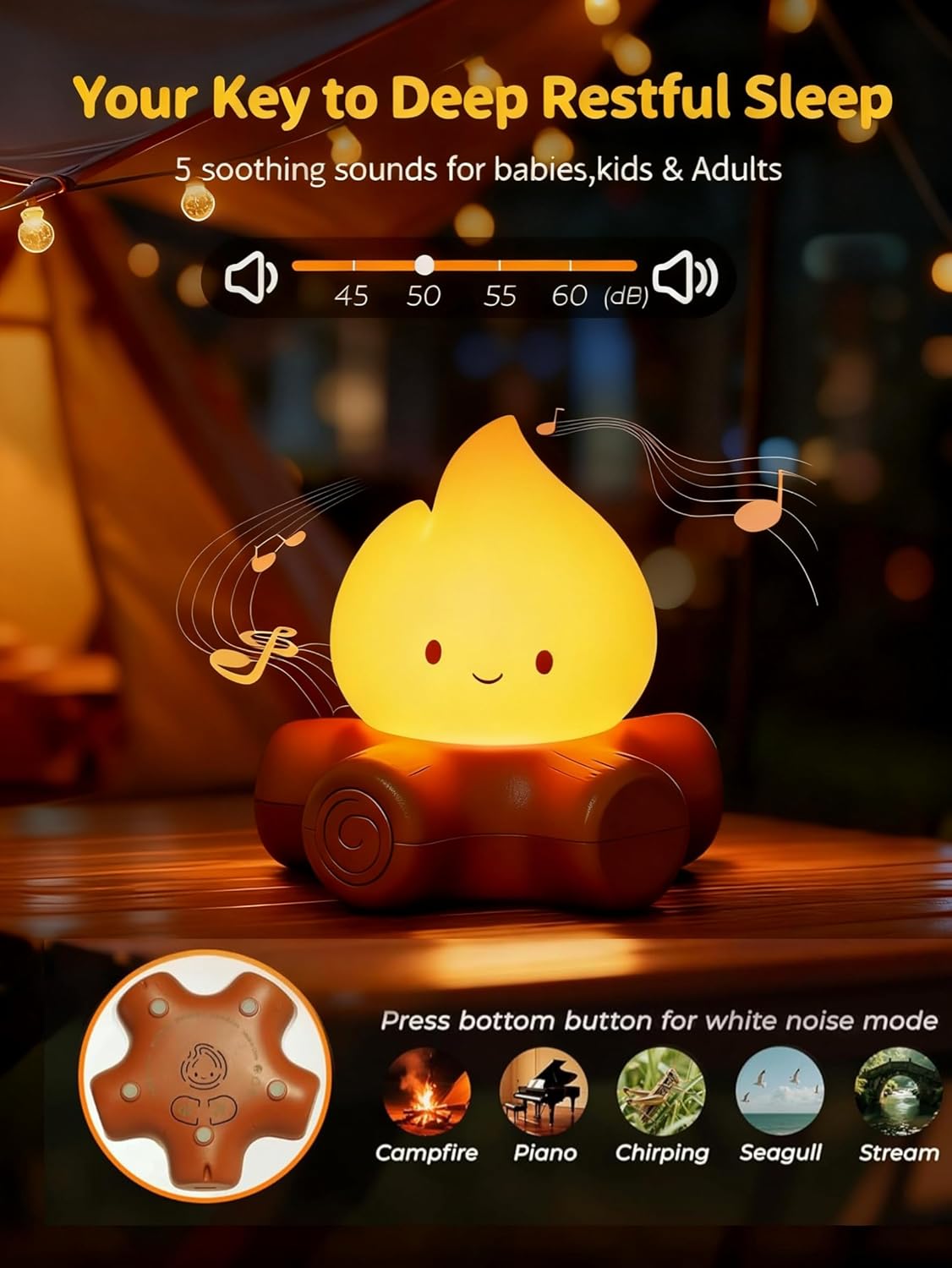 Campfire Night Light, Portable Flame Lamp with White Noise, Cute Silicone Flameless Candle Lights,Suitable for Kids lamp Bedroom, Indoor/Outdoor and Home Decoration