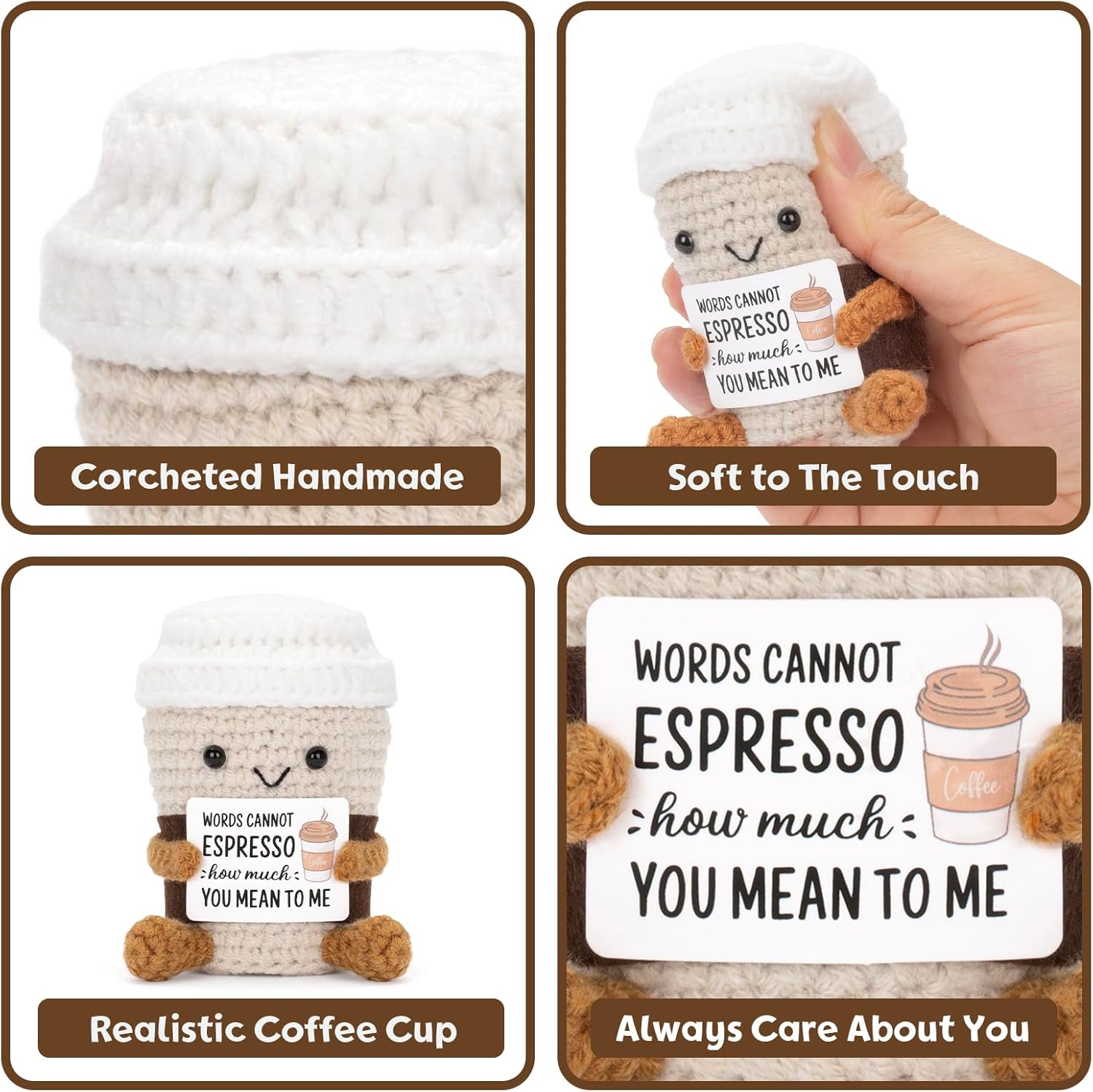 Funny Positive Coffee, Emotional Crochet Doll, Cute Crochet Potato Partner Toy with Positive Card Cheer Up Funny Gag Gifts for Best Friend Birthday Women Teacher Fall（Coffee