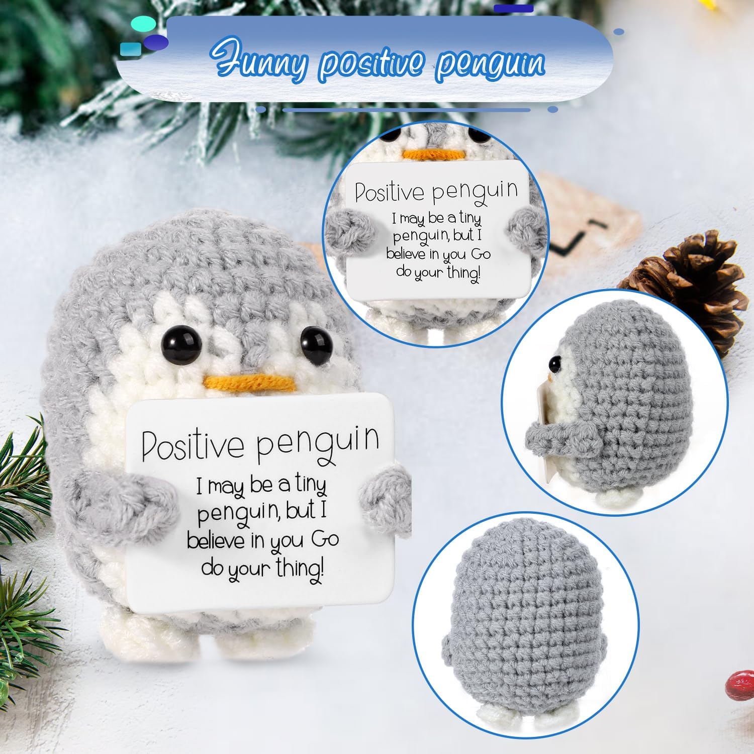 Mini Funny Positive Penguin, Cute Potato 2.6 Inch Knitted Penguin Toy with Positive Card Positive Penguin Crochet Doll Cheering Gift for Graduation Family Friend Encouragement Party Decoration(Gray)