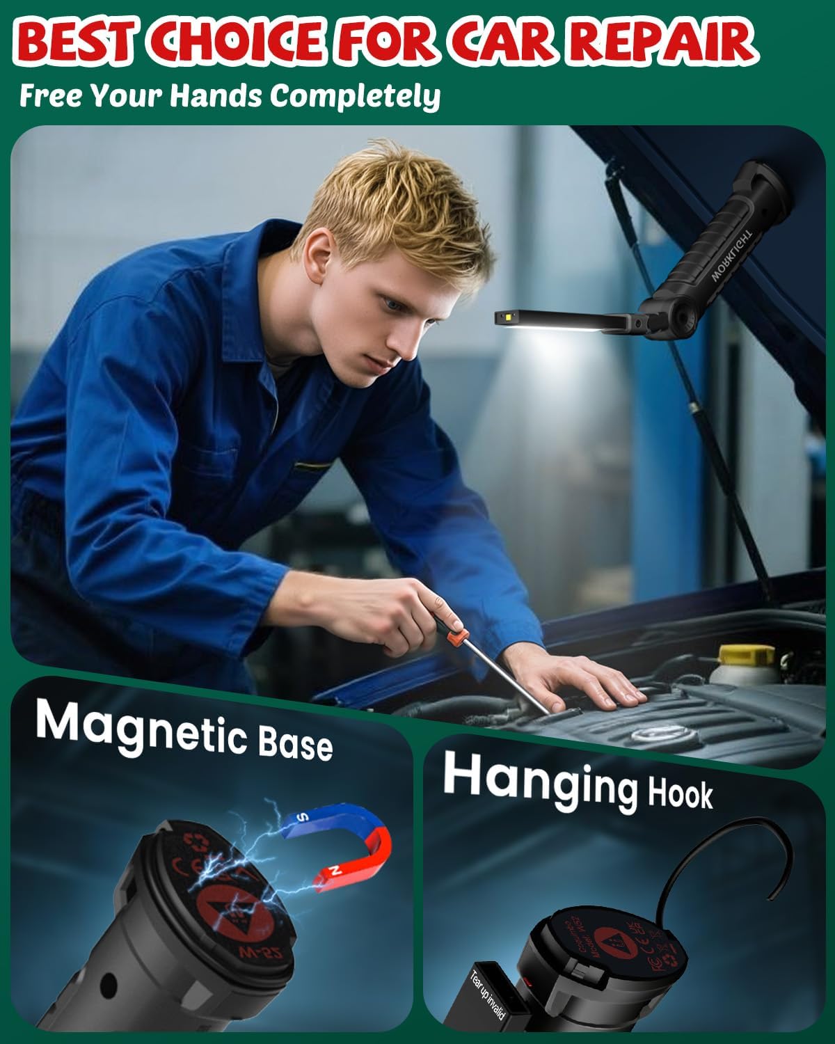 Coquimbo Mens Valentines Day Tool Gifts for Him Boyfriend Husband, Rechargeable LED Work Light BBQ Grill with Magnetic Base Hook, 360° Rotate Mechanic Flashlight Dad Birthday Gifts (2 Pack Black)