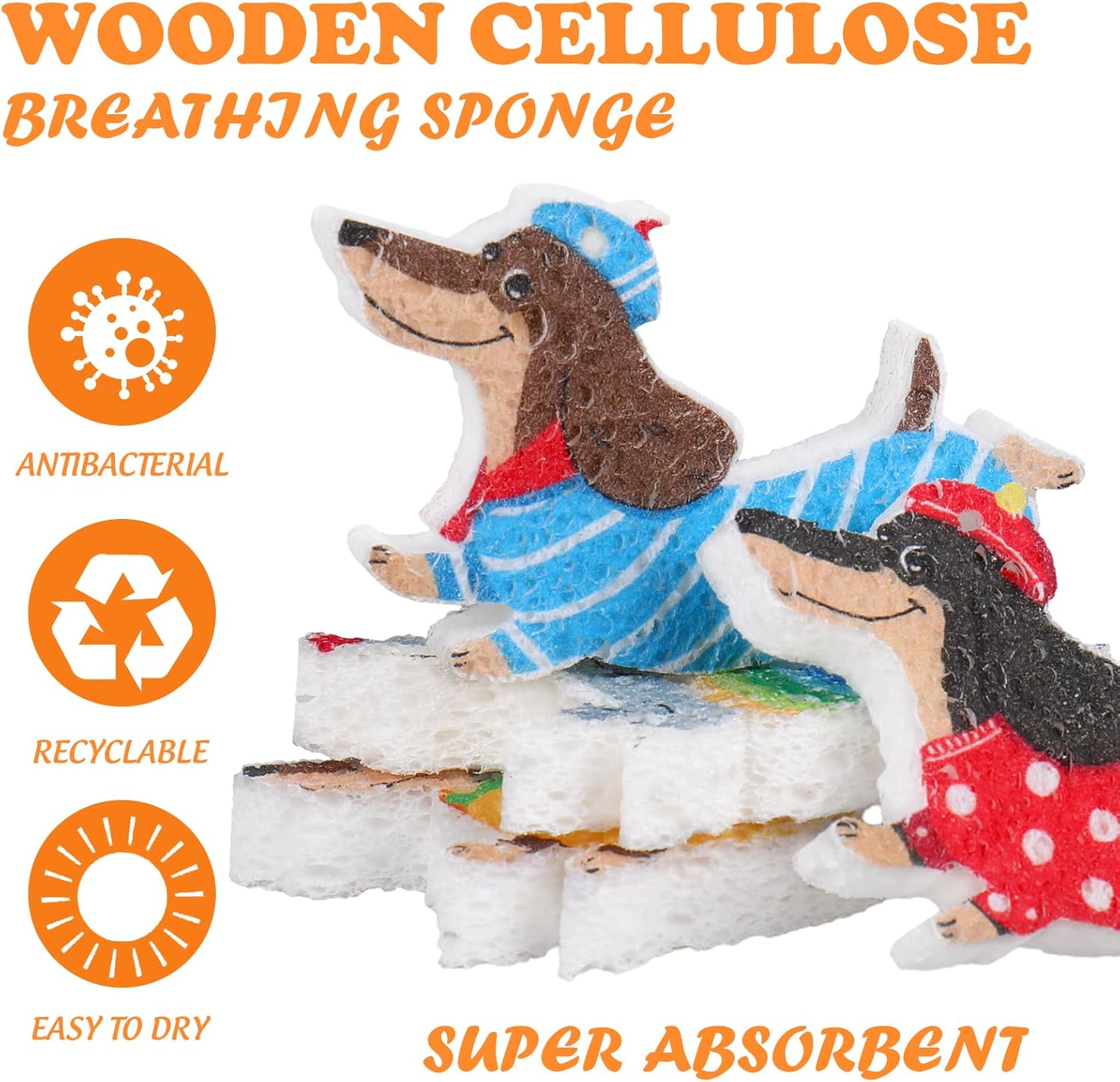 12 Pcs Dog Dish Sponges Water Absorbing Kitchen Scrub Sponges Funny Cartoon Dachshund Animal Dish Washing Cleaning Reusable Sponge for Party Home Restaurant Supplies